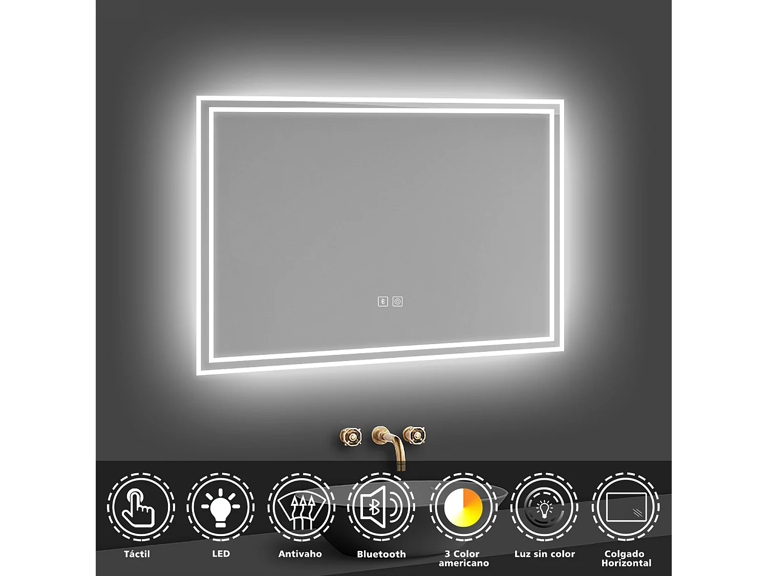 Aica Espejo de baño LED 80×60cm,Bluetooth,Antivaho