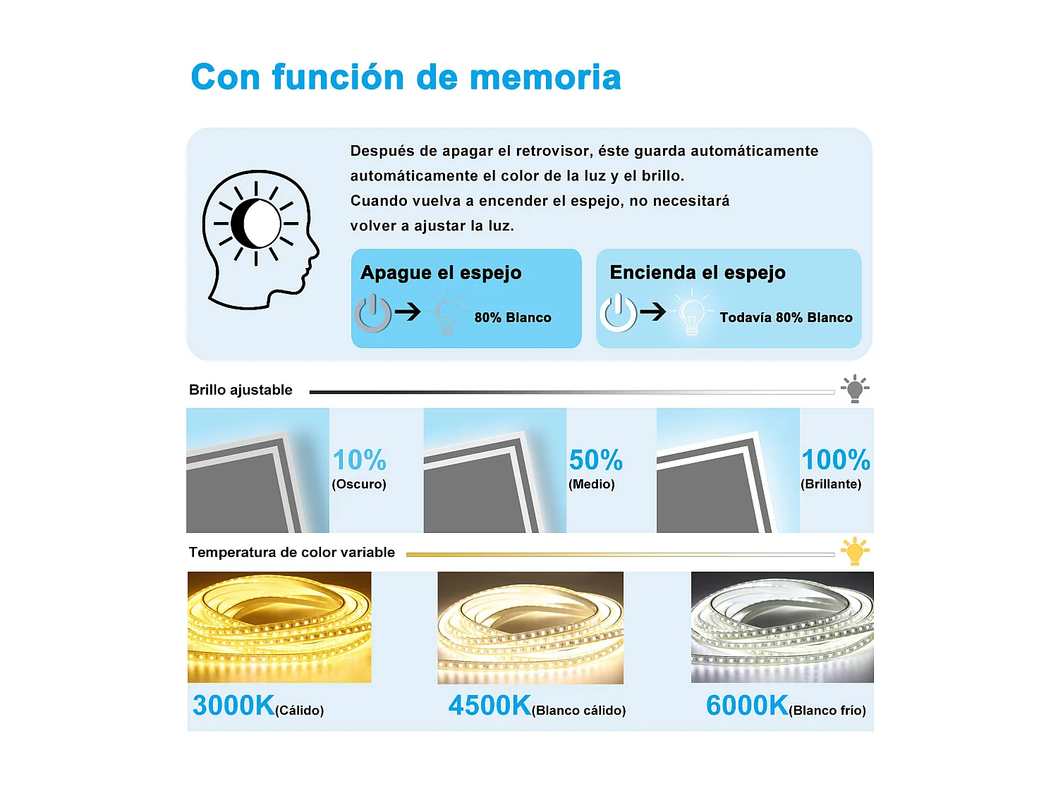 Aica Espejo de baño LED 80×60cm,Bluetooth,Antivaho