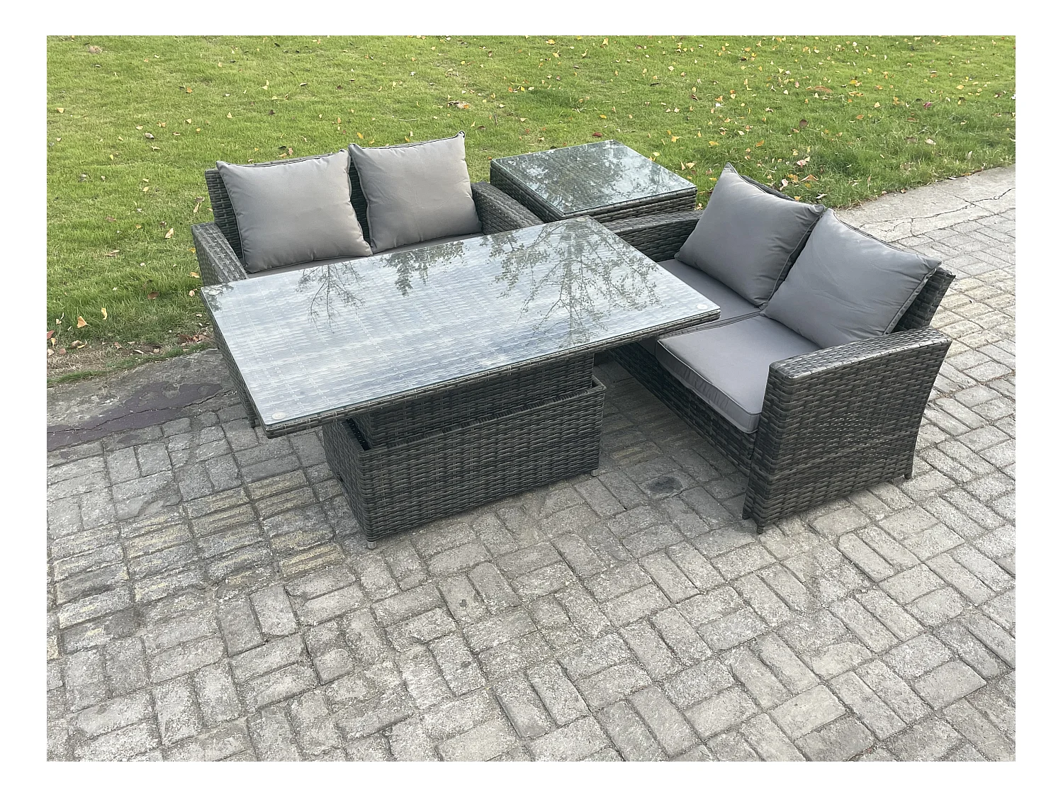 4 Stücke Gartenmöbel Set Sitzgruppe im Garten und Balkon Einstellbare Höhe Esstisch Sofa Set für Garten Dunkelgrau Gemischt