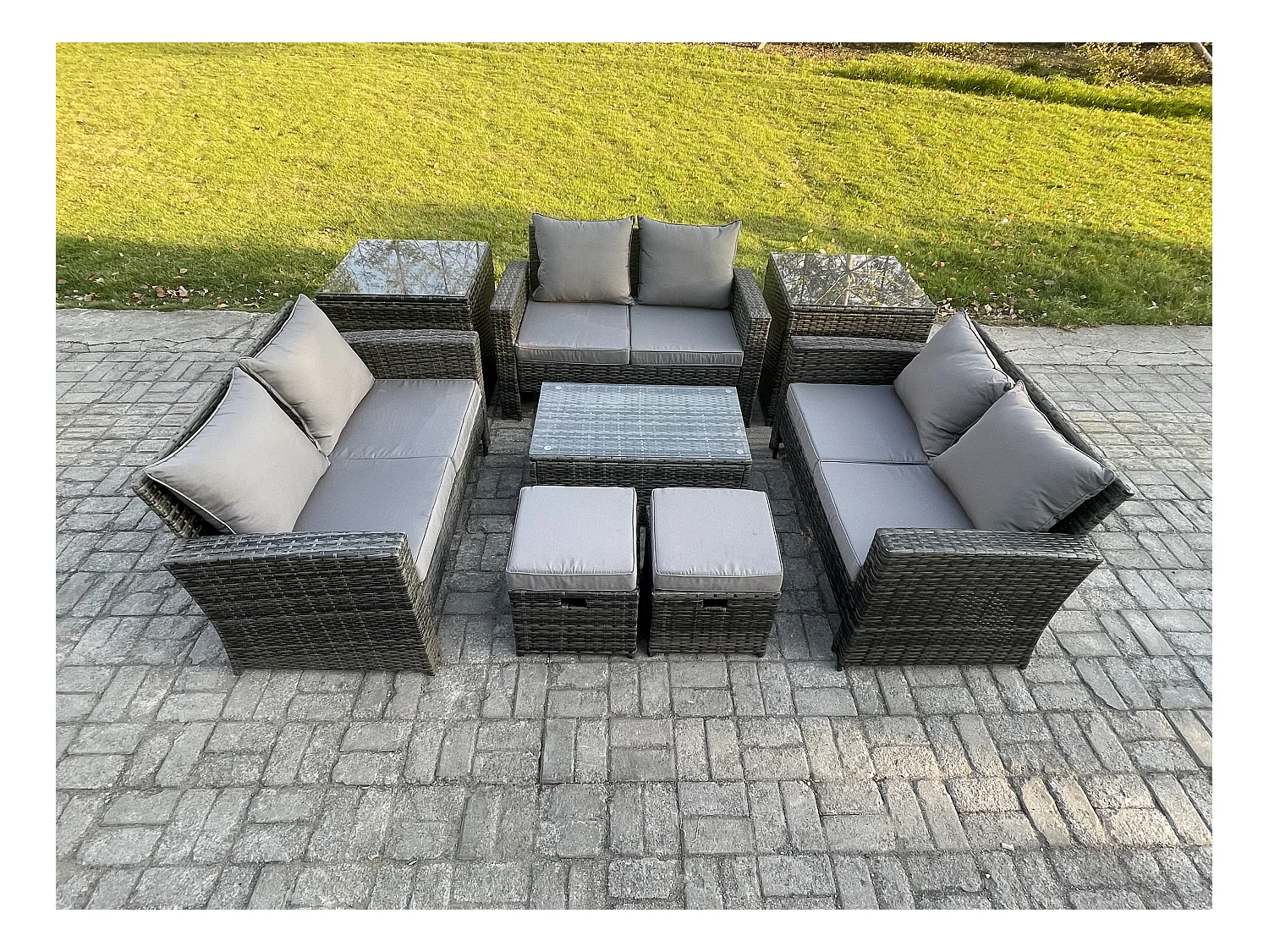 8pc Rattan Sofa Gartenmöbel Set Balkonmöbel mit 2 Beistelltische 2 Kleiner Fußhocker Liebessitz-Sofa Dunkelgrau Gemischt