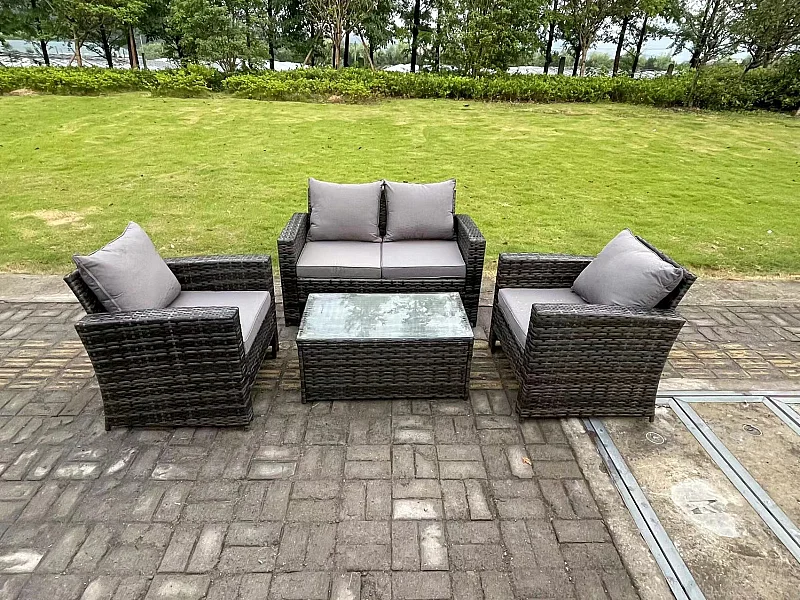 4-Sitzer Dunkelgrau Gemischt Hoher Rücken Rattan Sofa Set Rechteckig Couchtisch Gartenmöbel Sitzgruppe