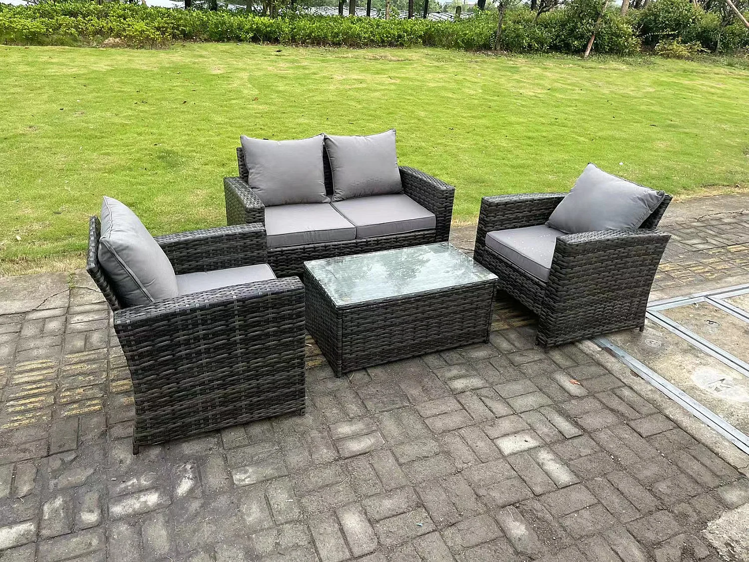 4-Sitzer Dunkelgrau Gemischt Hoher Rücken Rattan Sofa Set Rechteckig Couchtisch Gartenmöbel Sitzgruppe