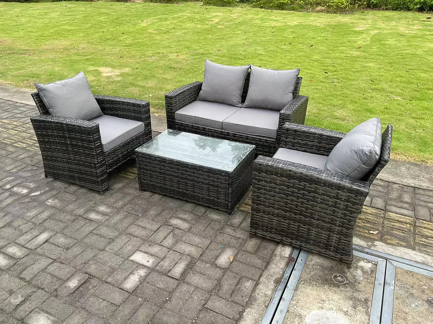 4-Sitzer Dunkelgrau Gemischt Hoher Rücken Rattan Sofa Set Rechteckig Couchtisch Gartenmöbel Sitzgruppe