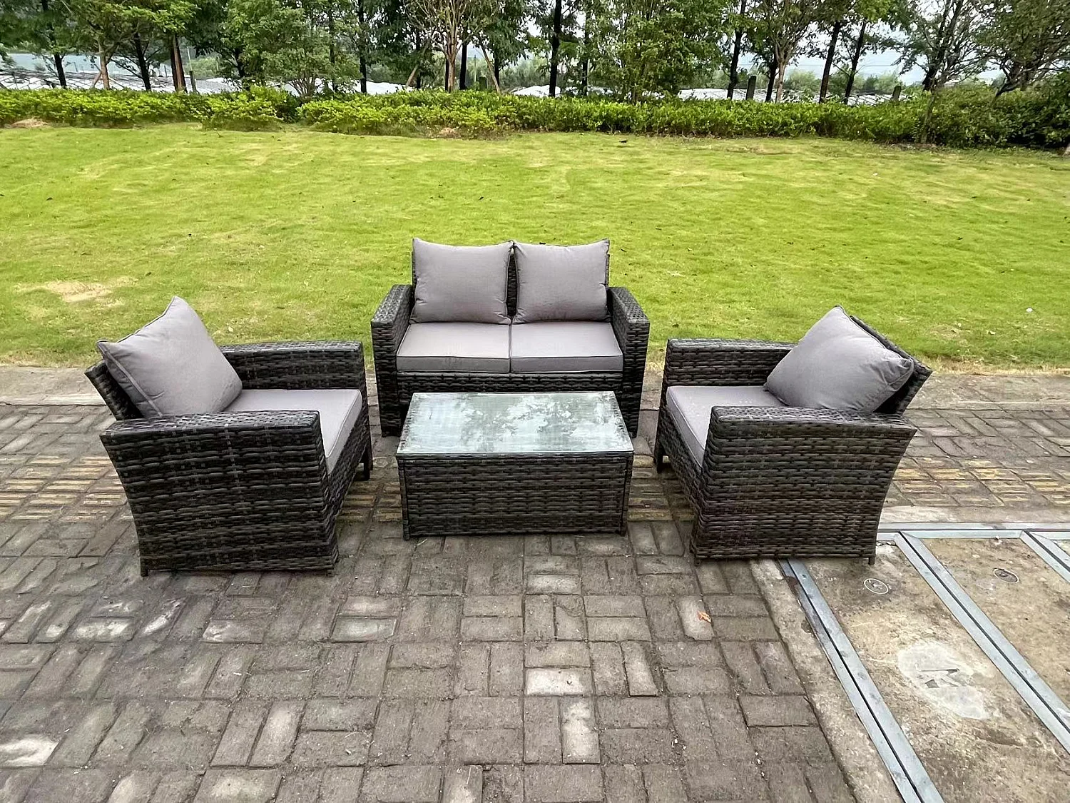 Fimous 4 Seater Grey Mixed High Back Rattan Sofa Set Rectangular Coffee Table Garden Furniture Outdoor Patio
