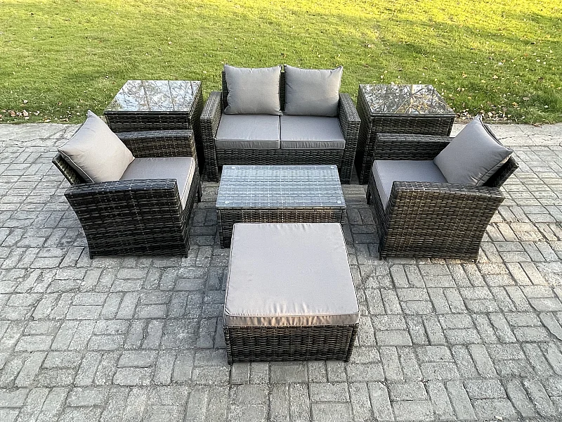 5-Sitzer Garten Lounge Set Polyrattan Gartenmöbel Set mit Rechteckig Couchtisch Doppelsitz-Sofa 2 Beistelltische Großer Fußhocker Dunkelgrau Gemischt
