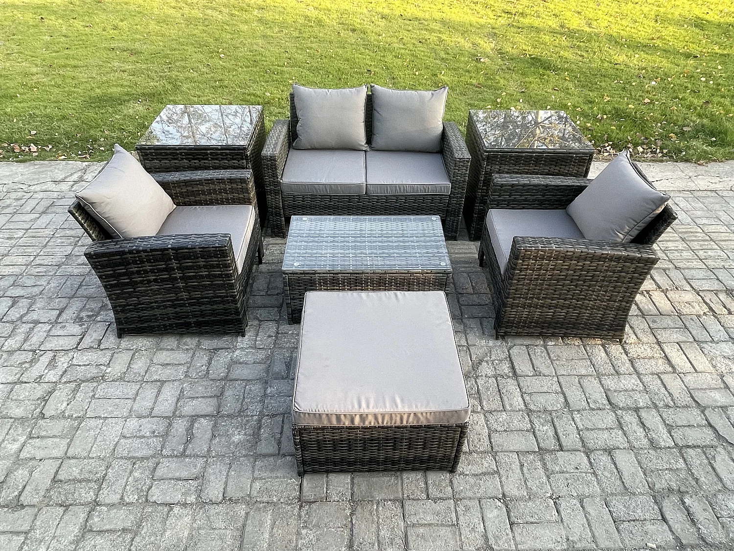 5-Sitzer Garten Lounge Set Polyrattan Gartenmöbel Set mit Rechteckig Couchtisch Doppelsitz-Sofa 2 Beistelltische Großer Fußhocker Dunkelgrau Gemischt