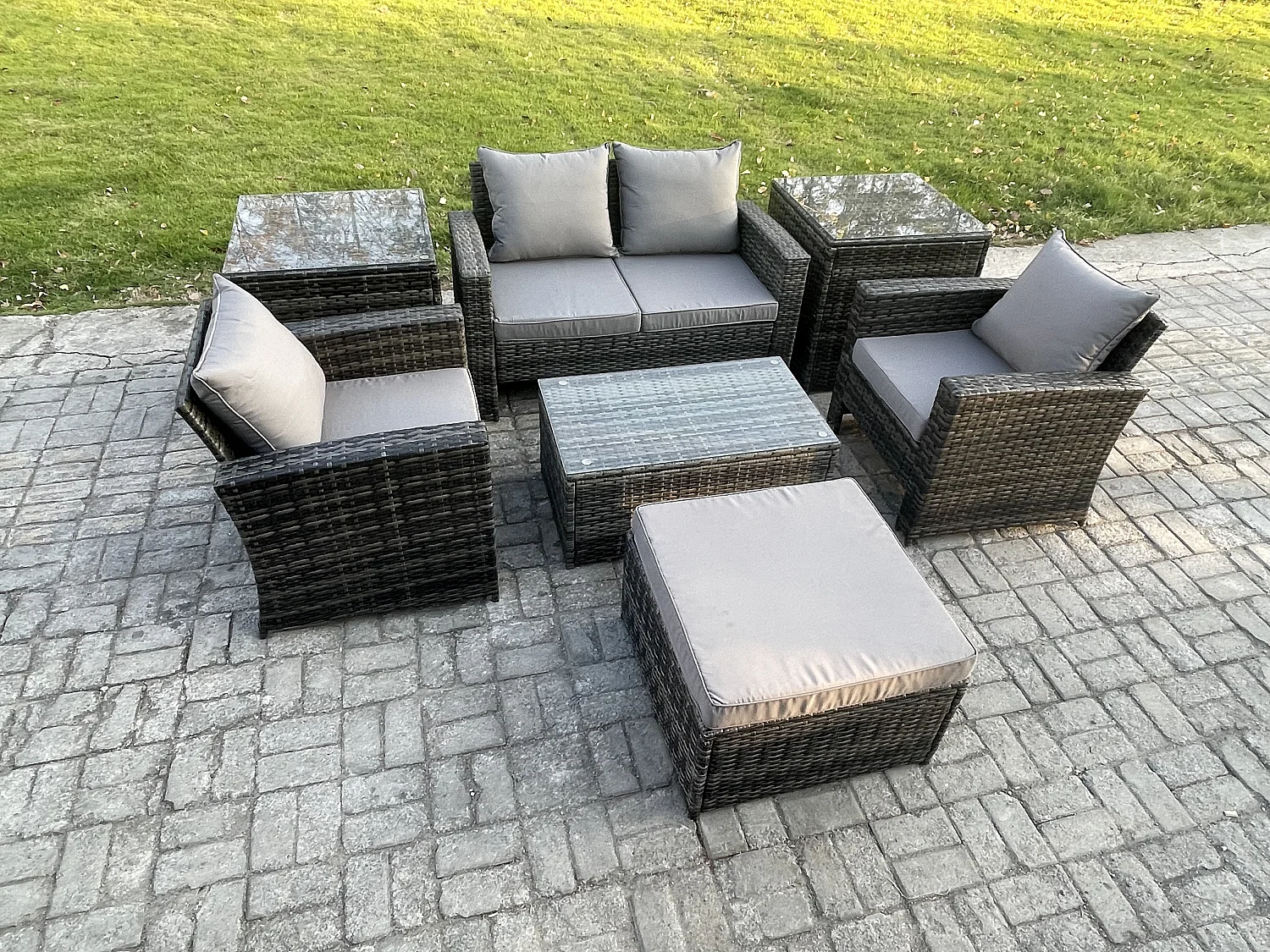 5-Sitzer Garten Lounge Set Polyrattan Gartenmöbel Set mit Rechteckig Couchtisch Doppelsitz-Sofa 2 Beistelltische Großer Fußhocker Dunkelgrau Gemischt