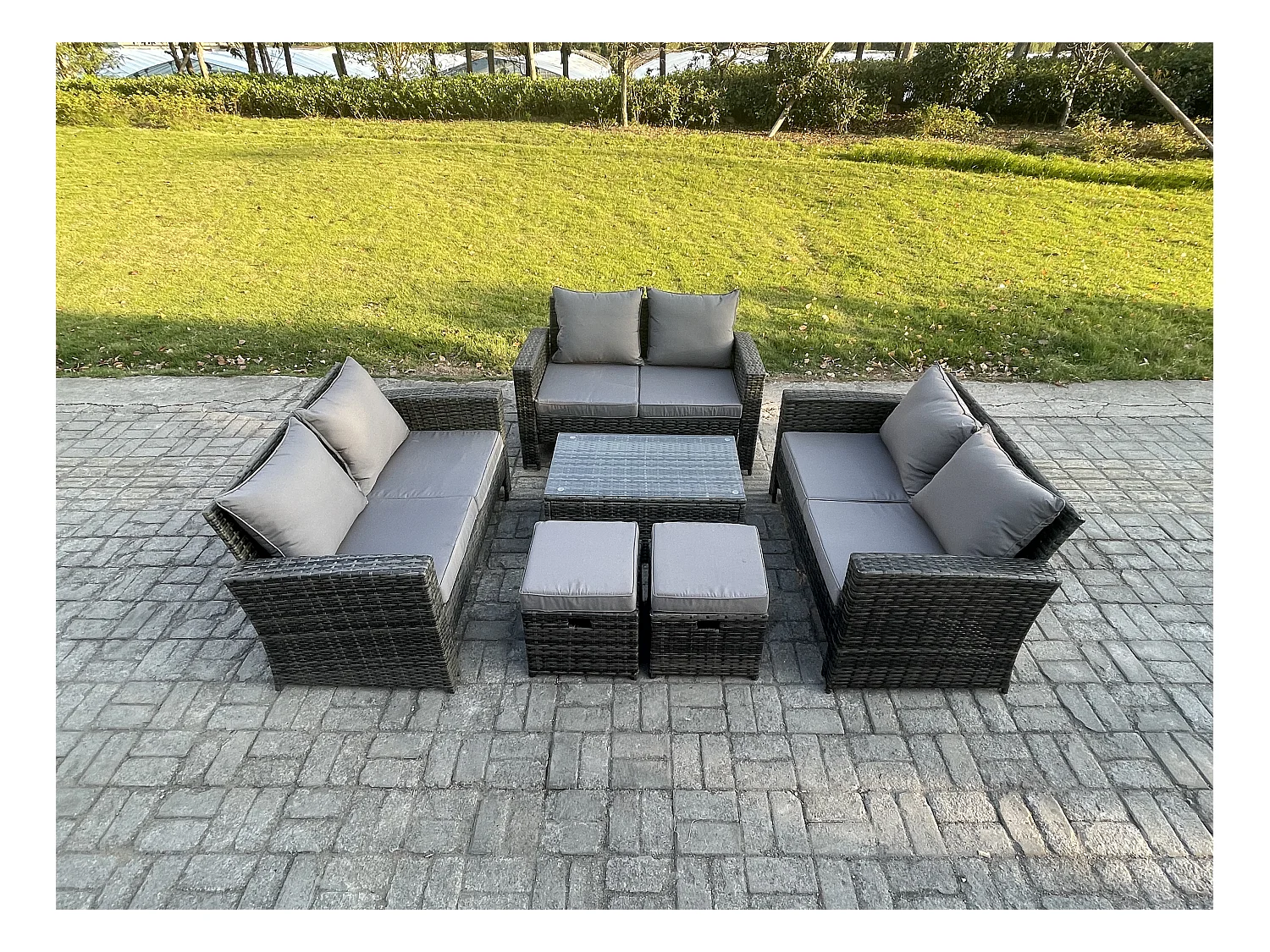 6pc Ensemble de meubles de jardin en rotin ave 2 Petit Tabouret Canapé deux places Gris foncé