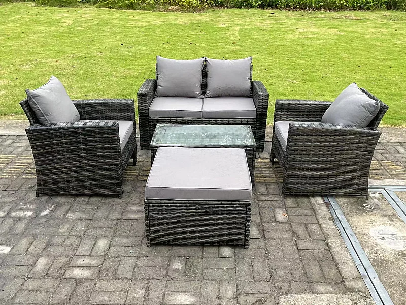 5-Sitzer Dunkelgrau Gemischt Hoher Rücken Rattan Sofa Set mit Rechteckig Couchtisch Gartenmöbel Sitzgruppe