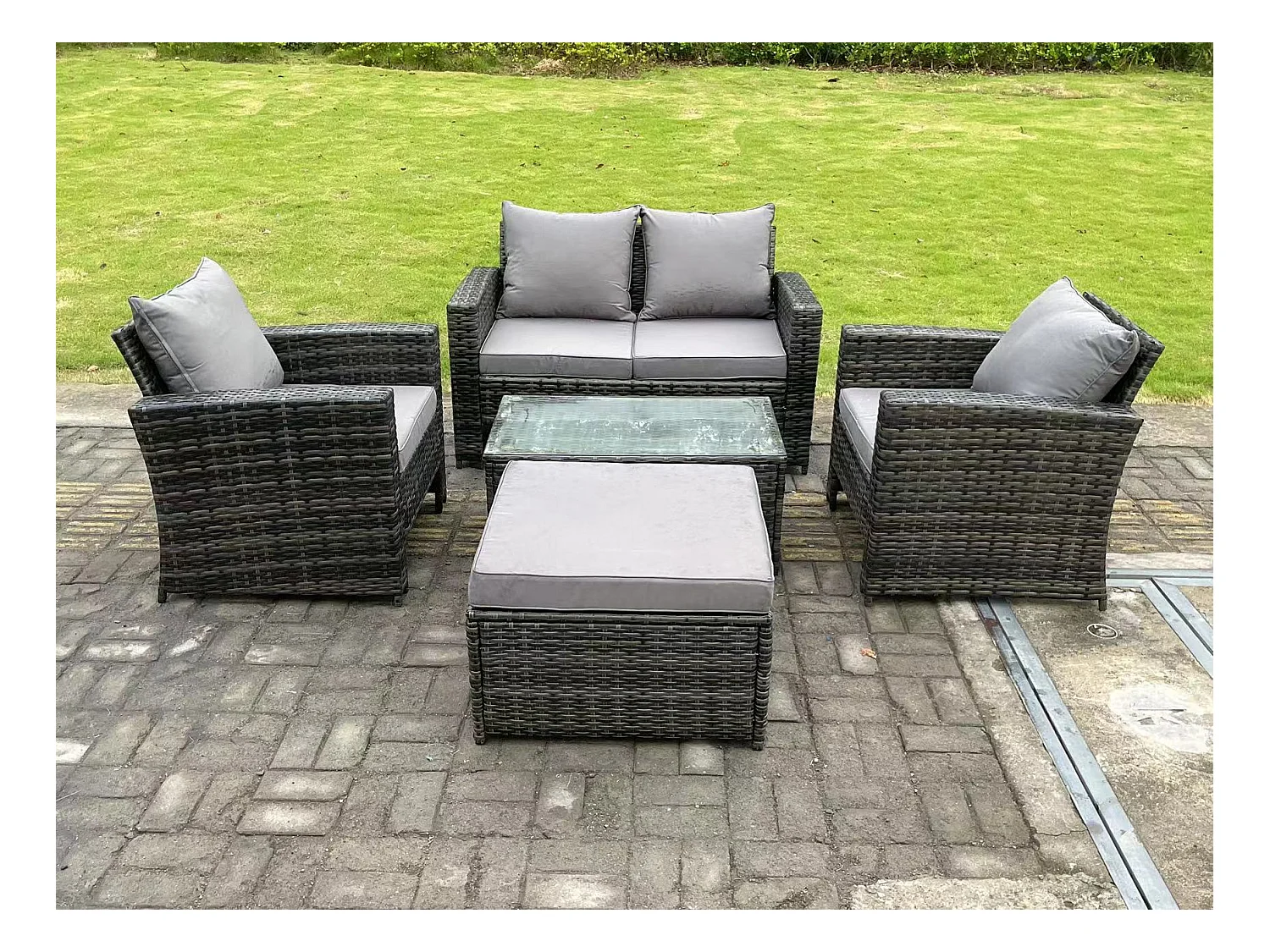 5-Sitzer Dunkelgrau Gemischt Hoher Rücken Rattan Sofa Set mit Rechteckig Couchtisch Gartenmöbel Sitzgruppe