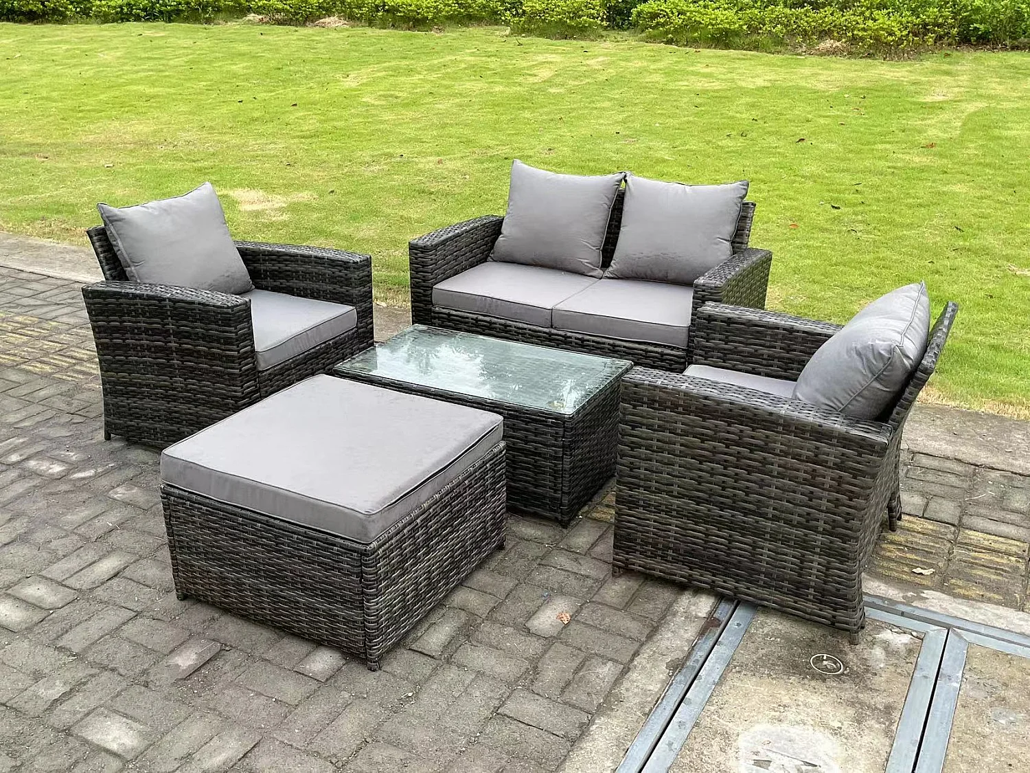 5-Sitzer Dunkelgrau Gemischt Hoher Rücken Rattan Sofa Set mit Rechteckig Couchtisch Gartenmöbel Sitzgruppe