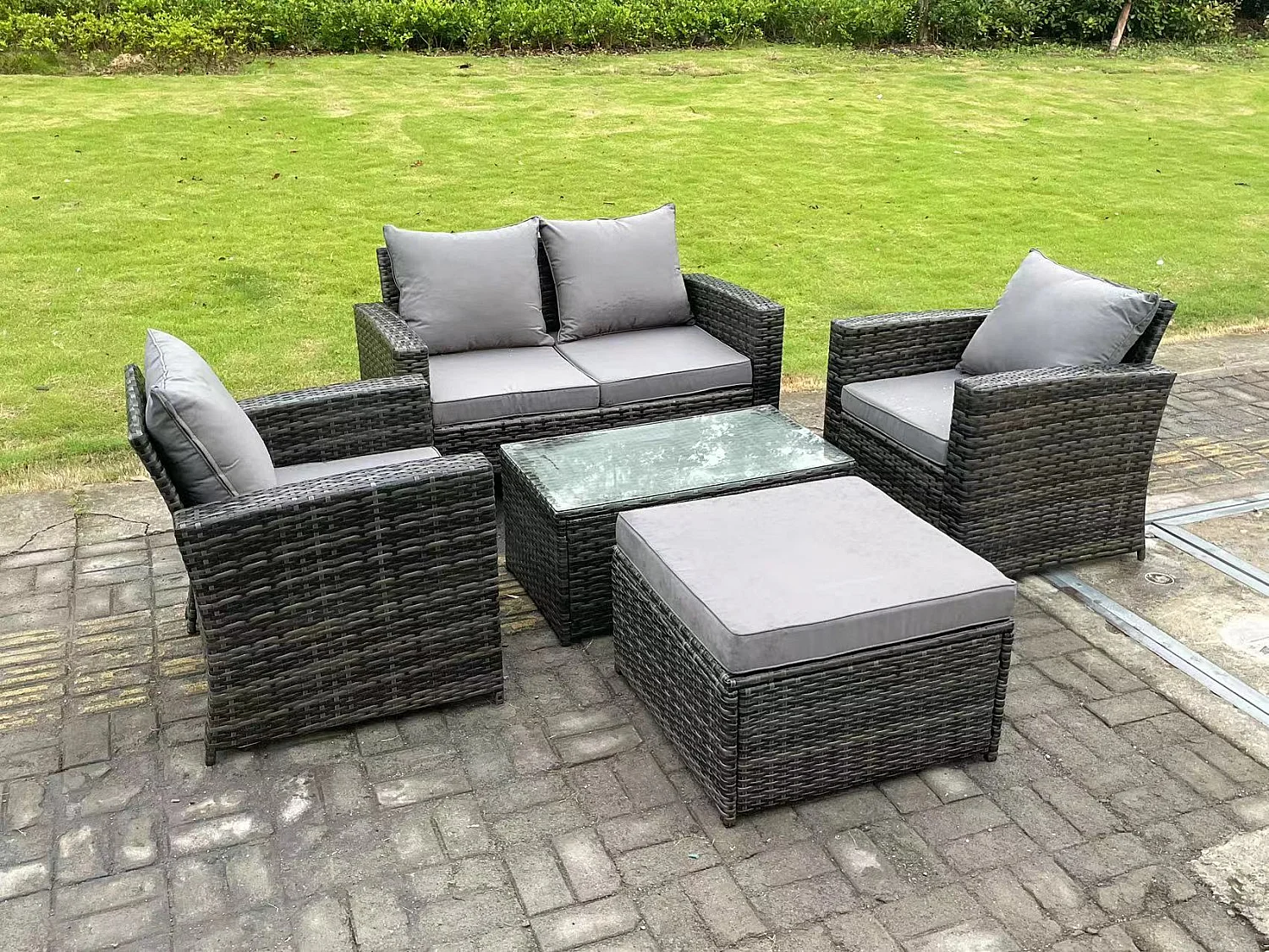 5-Sitzer Dunkelgrau Gemischt Hoher Rücken Rattan Sofa Set mit Rechteckig Couchtisch Gartenmöbel Sitzgruppe