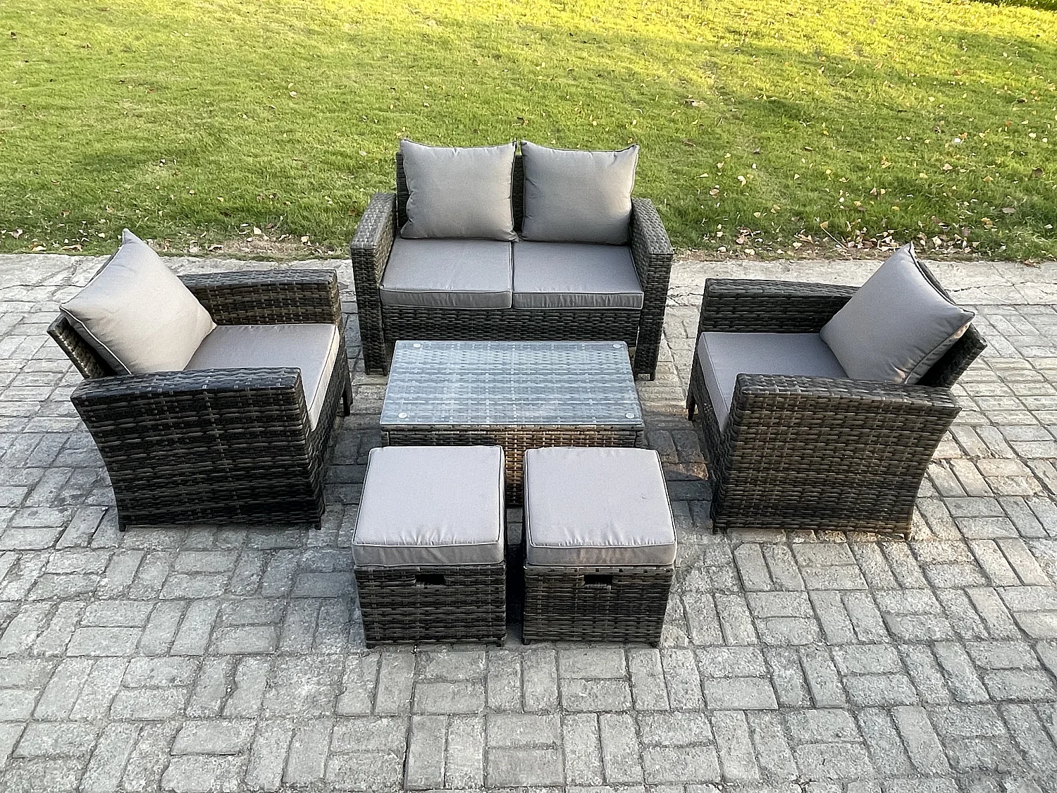 6-Sitzer Garten Lounge Set Polyrattan Gartenmöbel Set mit Rechteckig Couchtisch Doppelsitz-Sofa 2 Kleiner Fußhocker Dunkelgrau Gemischt