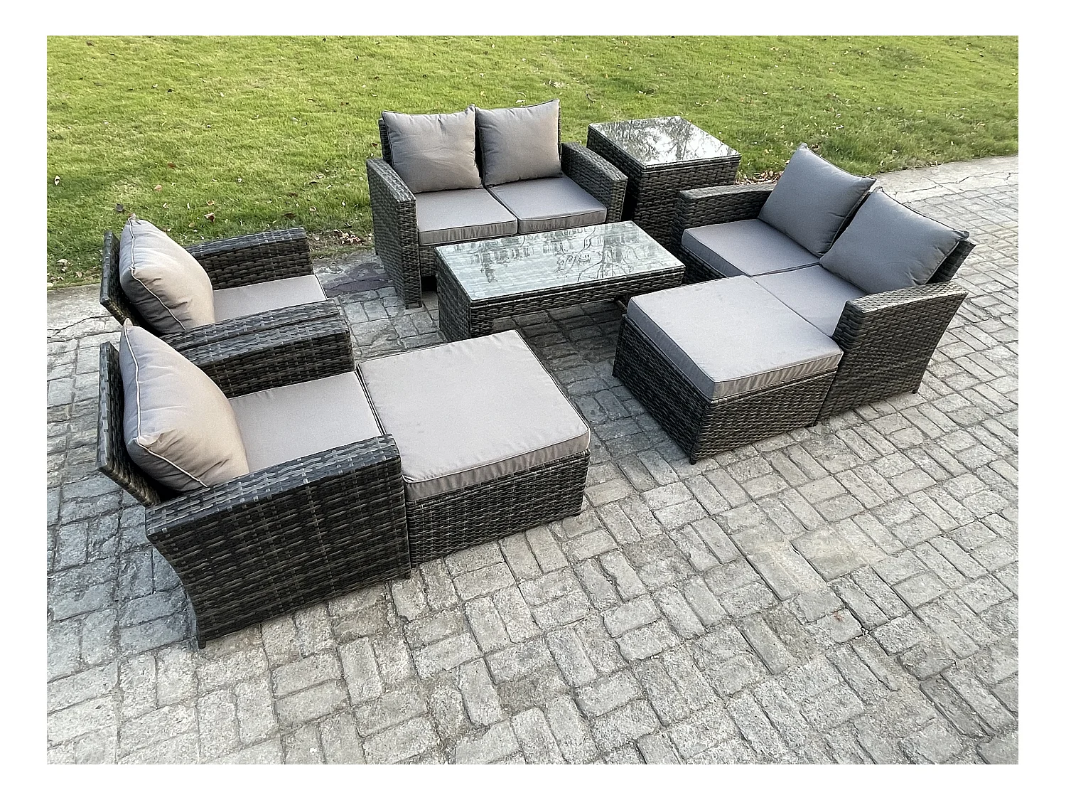 8-Sitzer Rattan Gartenmöbel Set Garten Sofa Set mit Stuhls Beistelltische 2 Großer Fußhocker Couchtisch Dunkelgrau Gemischt