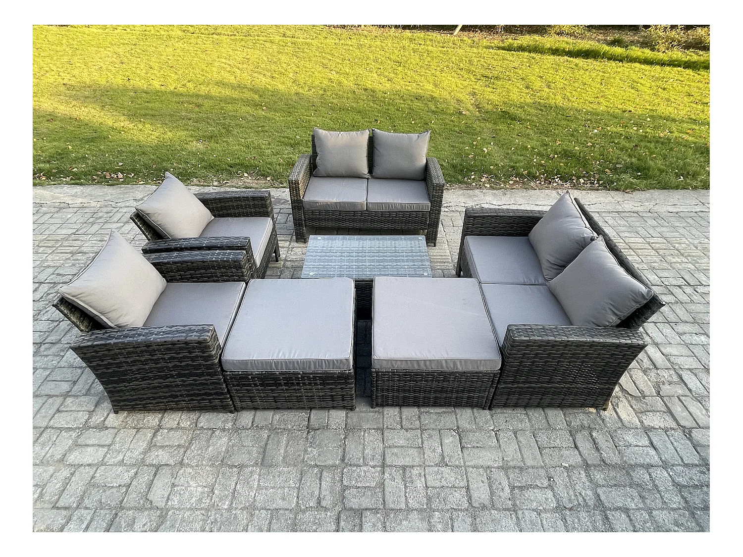Polyrattan Gartenmöbel Set Im Freien 8-Sitzer Garten Sofa Set mit Couchtisch 2 Großer Fußhocker Dunkelgrau Gemischt