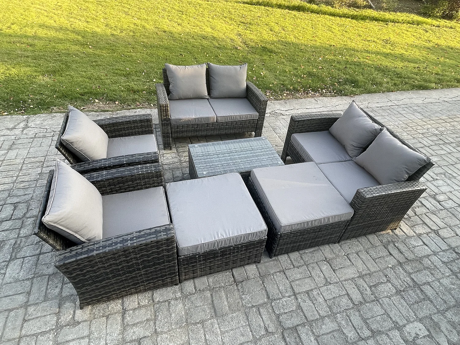 Fimous Outdoor Rattan Garden Furniture Set 8 Seater Patio Lounge Sofa Set with Coffee Table 2 Big Footstool Dark Grey Mixed