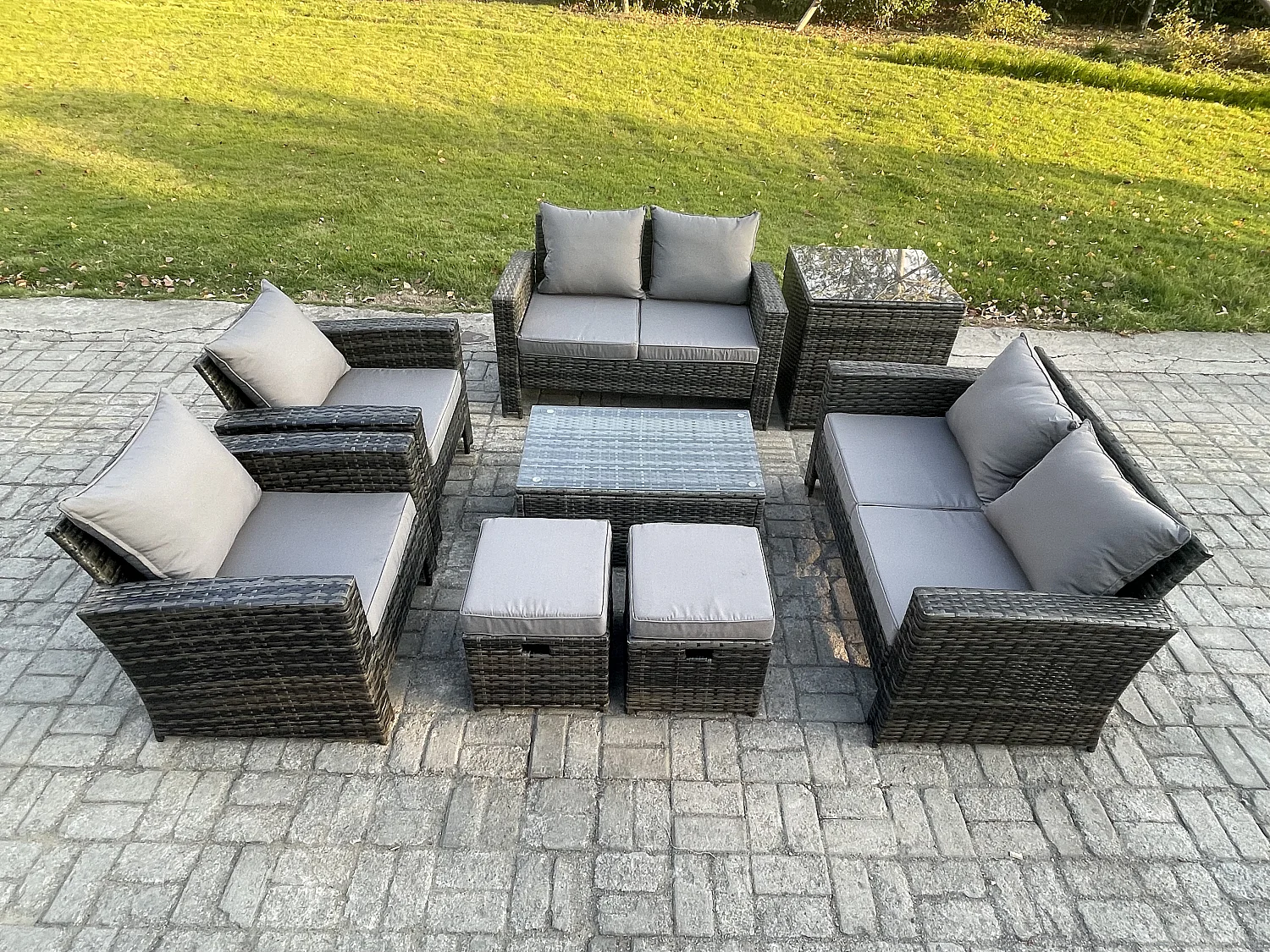 Gartenmöbel Set 8 Stücke Rattanmöbel für draußen Gartensofa Stuhl set mit Couchtisch Beistelltische 2 Kleiner Fußhocker Dunkelgrau Gemischt
