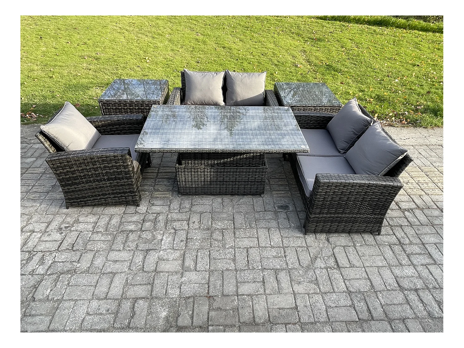 6pcs Rattan Gartenmöbel im Freien Set Einstellbare Höhe Esstisch Sofa Set mit 2 Beistelltische Dunkelgrau Gemischt