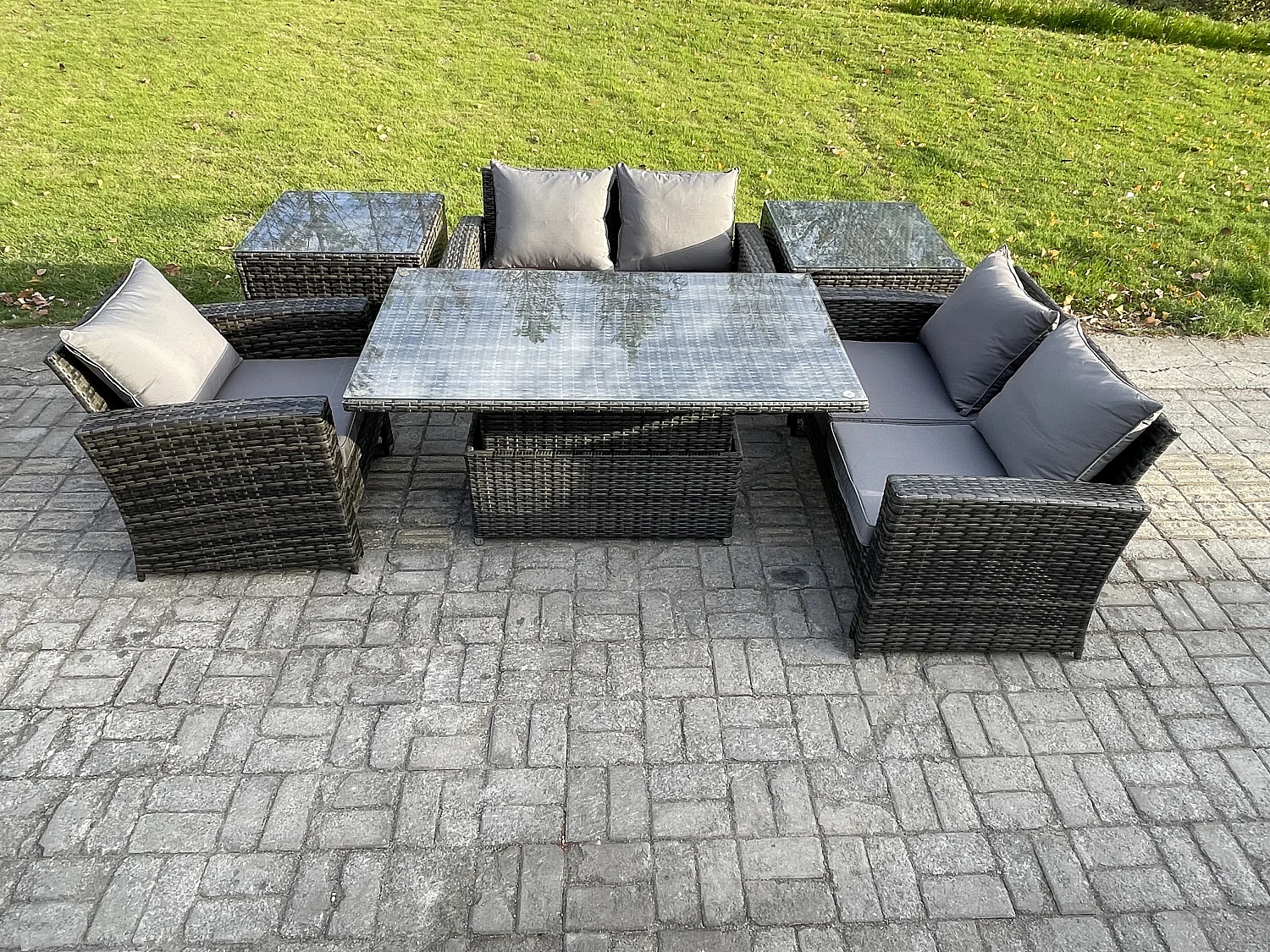 6pcs Rattan Gartenmöbel im Freien Set Einstellbare Höhe Esstisch Sofa Set mit 2 Beistelltische Dunkelgrau Gemischt