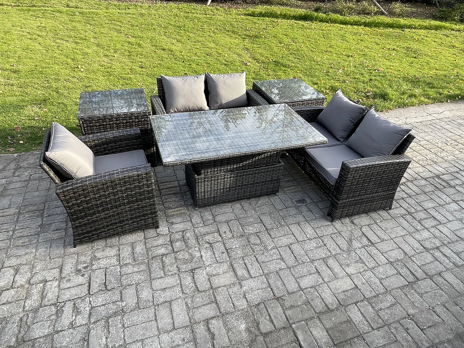 6pcs Rattan Gartenmöbel im Freien Set Einstellbare Höhe Esstisch Sofa Set mit 2 Beistelltische Dunkelgrau Gemischt