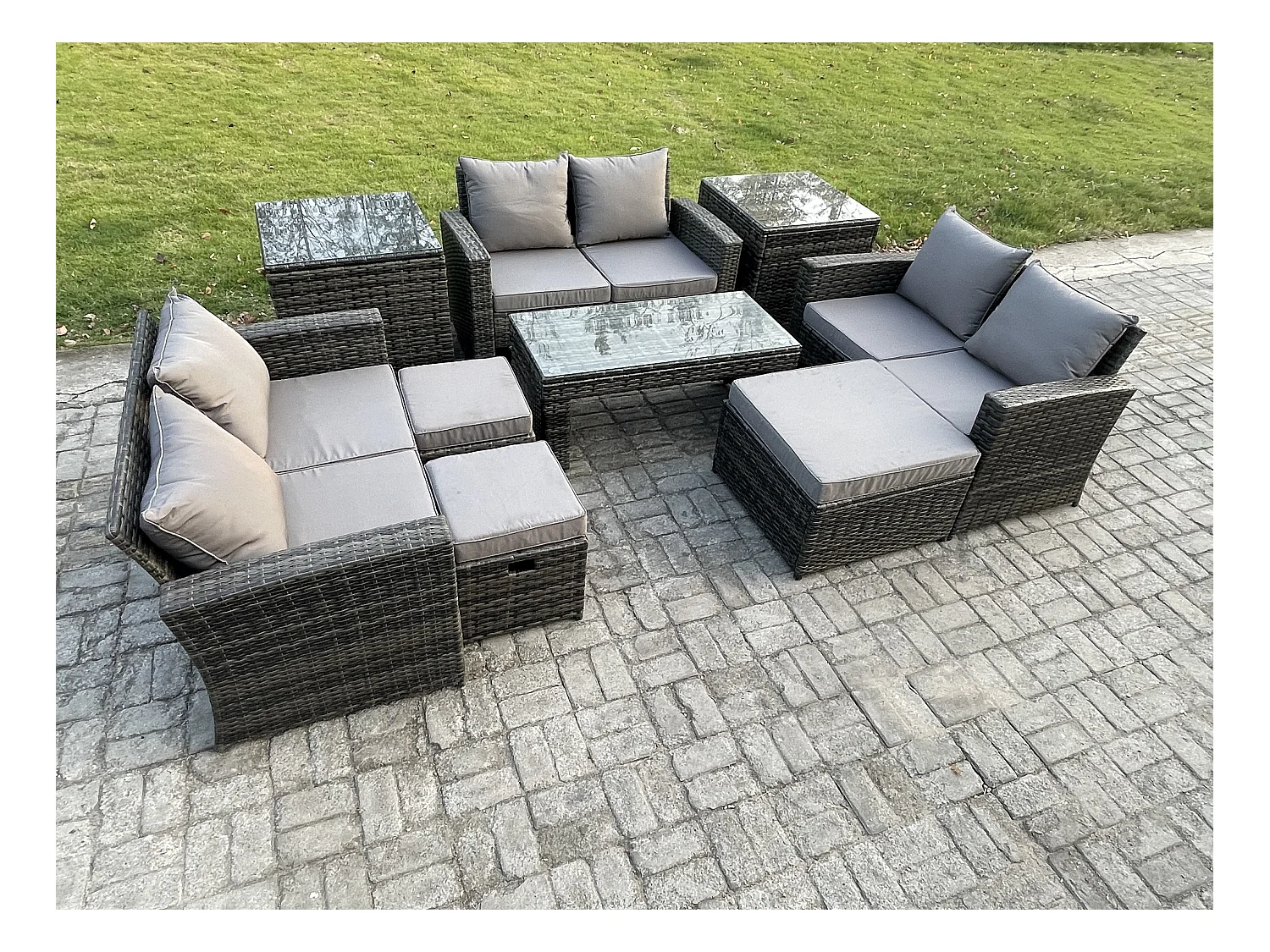 Lounge Poly Rattan Gartenmöbel Set für den Garten mit Couchtisch Doppelsitz-Sofa 3 Hocker 2 Beistelltische Dunkelgrau Gemischt
