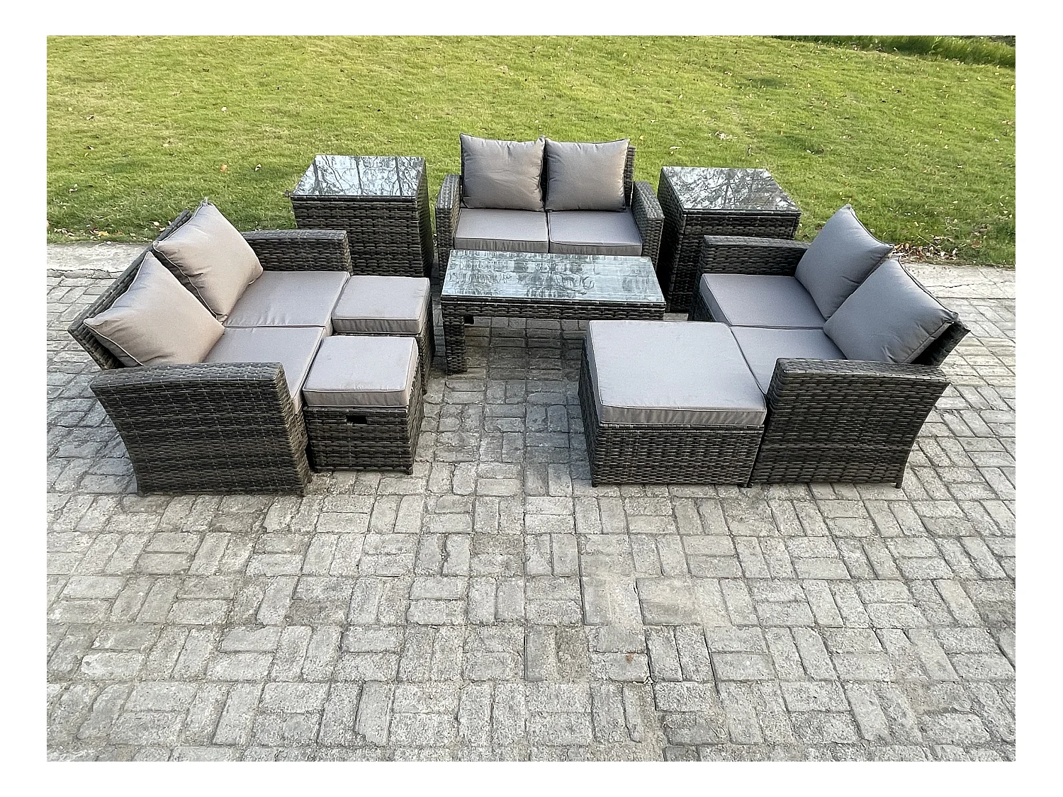 Lounge Poly Rattan Gartenmöbel Set für den Garten mit Couchtisch Doppelsitz-Sofa 3 Hocker 2 Beistelltische Dunkelgrau Gemischt