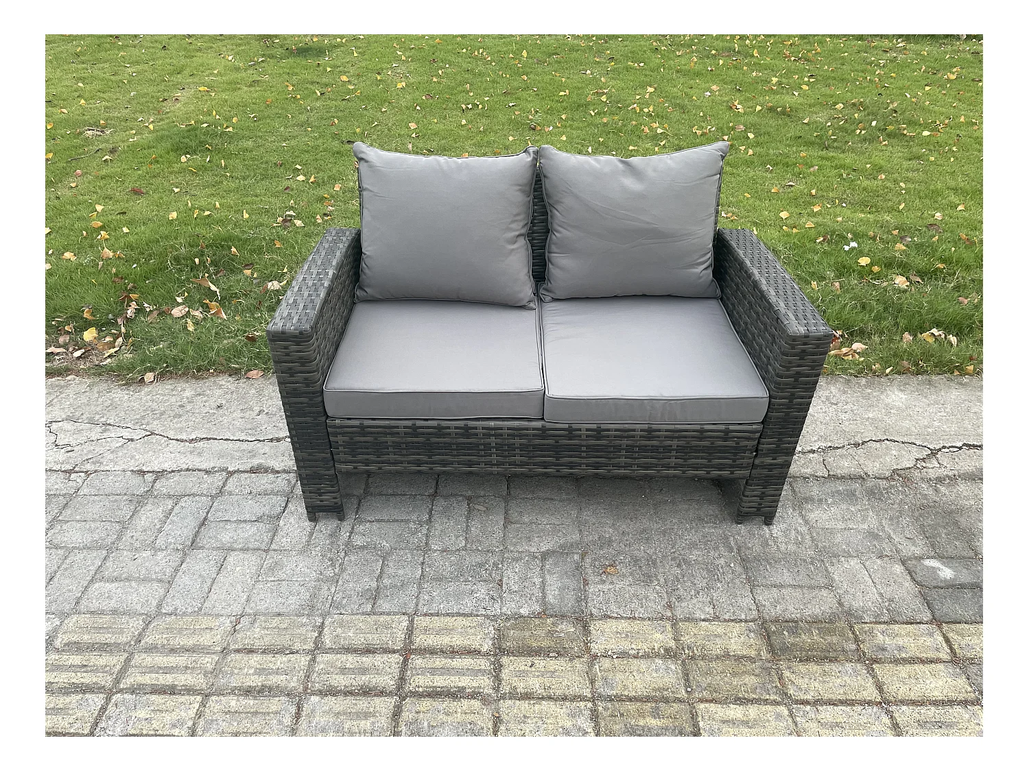 Lounge Poly Rattan Gartenmöbel Set für den Garten mit Couchtisch Doppelsitz-Sofa 3 Hocker 2 Beistelltische Dunkelgrau Gemischt