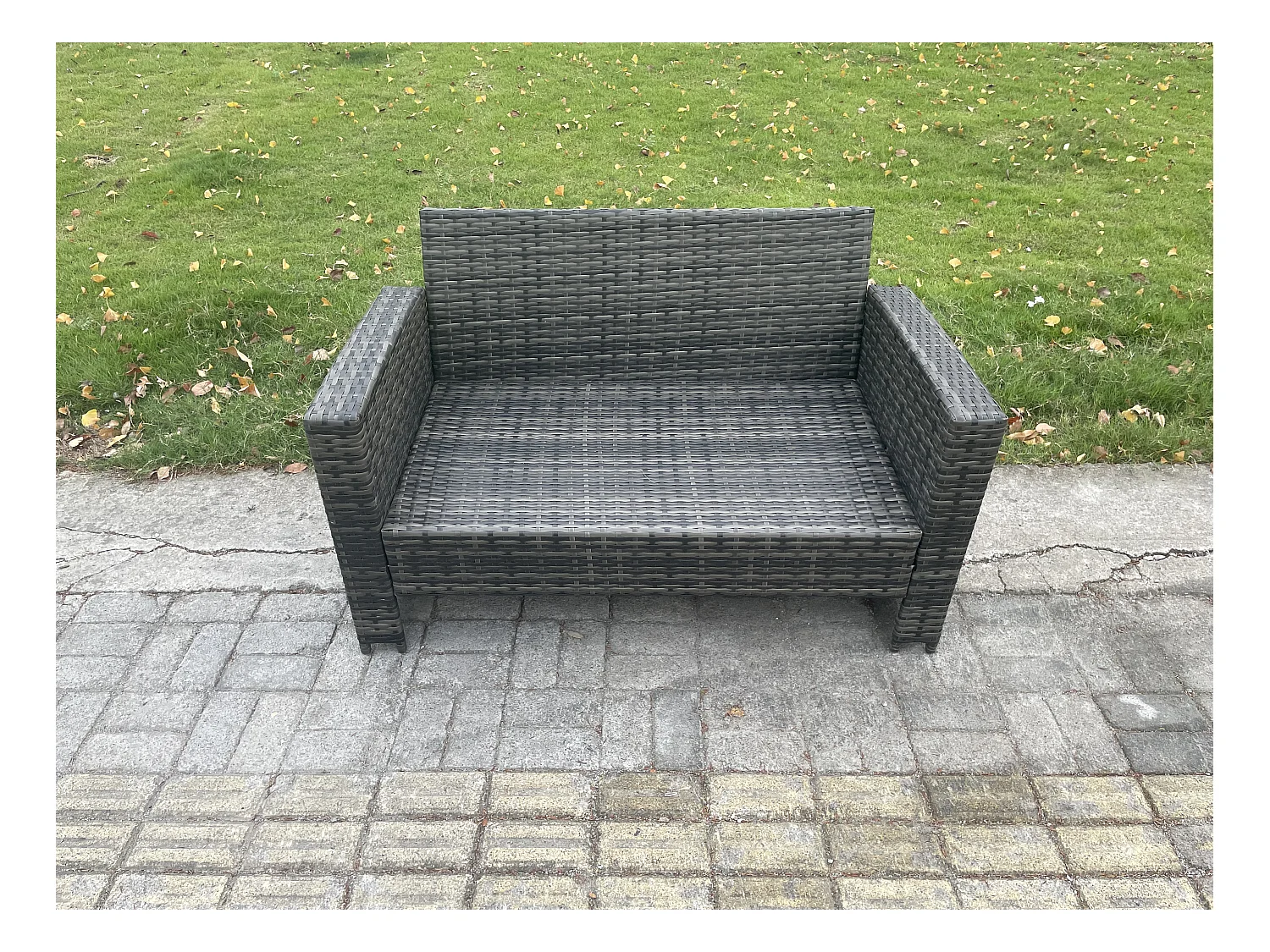 Lounge Poly Rattan Gartenmöbel Set für den Garten mit Couchtisch Doppelsitz-Sofa 3 Hocker 2 Beistelltische Dunkelgrau Gemischt