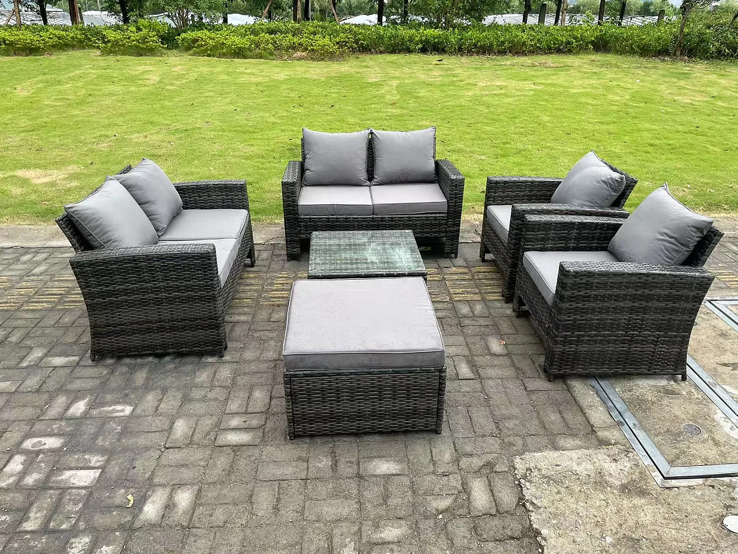 7-Sitzer Dunkelgrau Gemischt Hoher Rücken Rattan Sofa Set mit Quadratisch Couchtisch Gartenmöbel 2-Sitzer Sofa Sessel