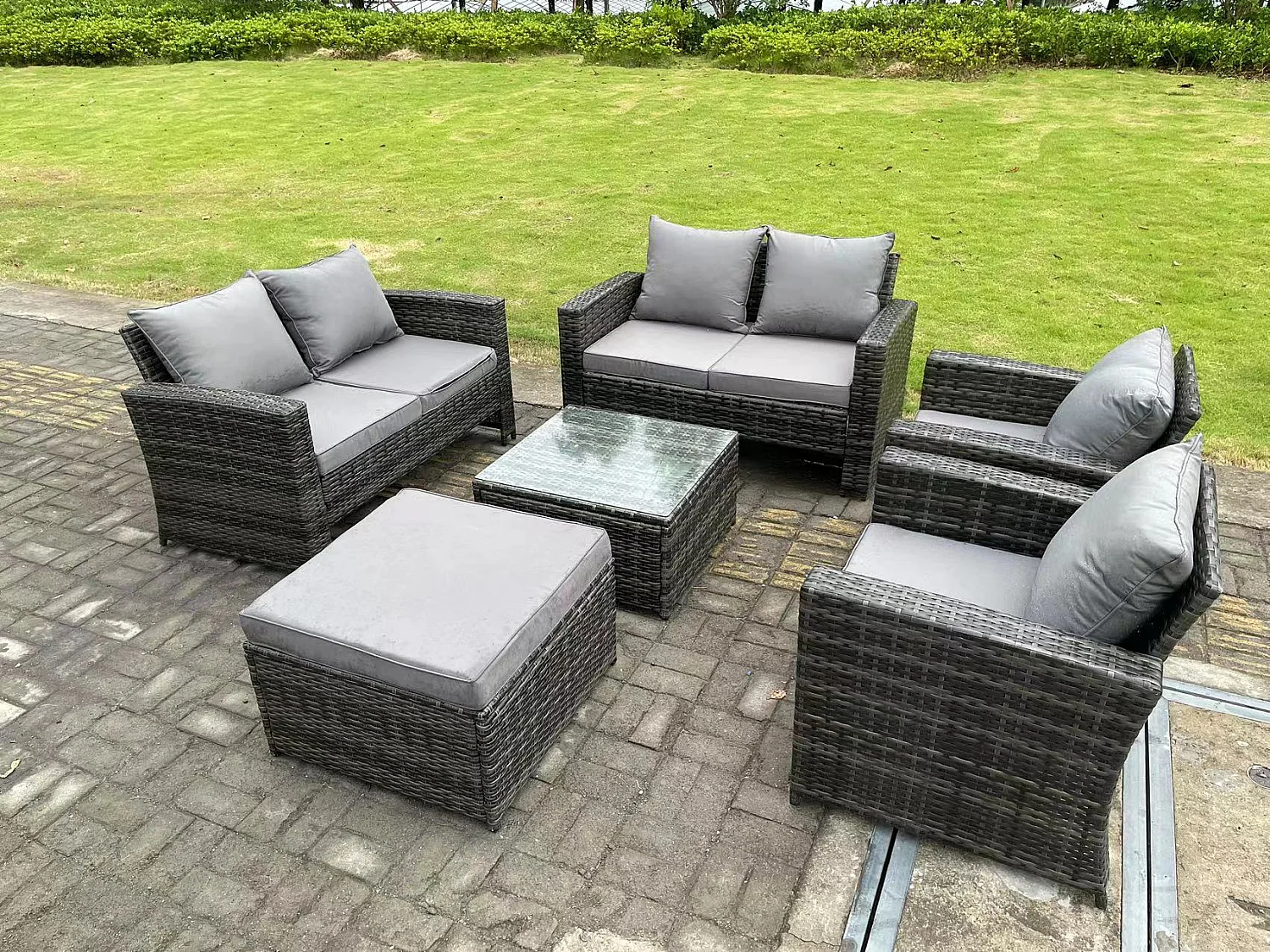 7-Sitzer Dunkelgrau Gemischt Hoher Rücken Rattan Sofa Set mit Quadratisch Couchtisch Gartenmöbel 2-Sitzer Sofa Sessel