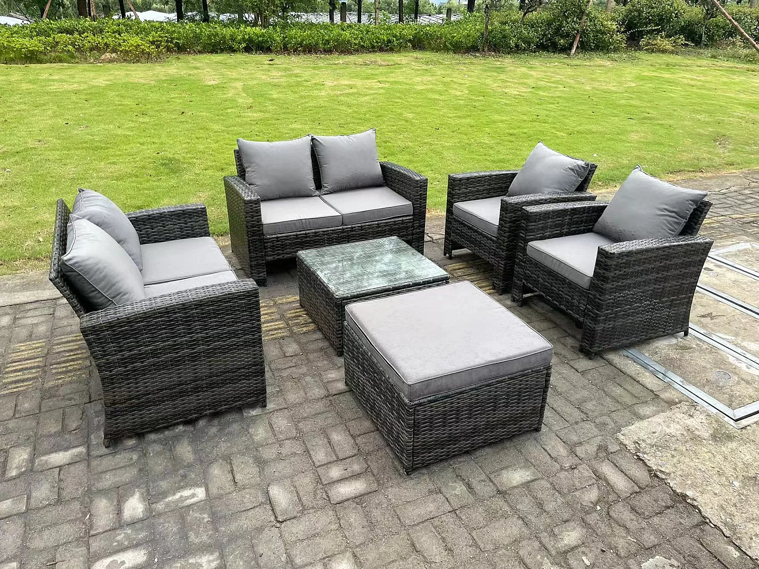 7-Sitzer Dunkelgrau Gemischt Hoher Rücken Rattan Sofa Set mit Quadratisch Couchtisch Gartenmöbel 2-Sitzer Sofa Sessel