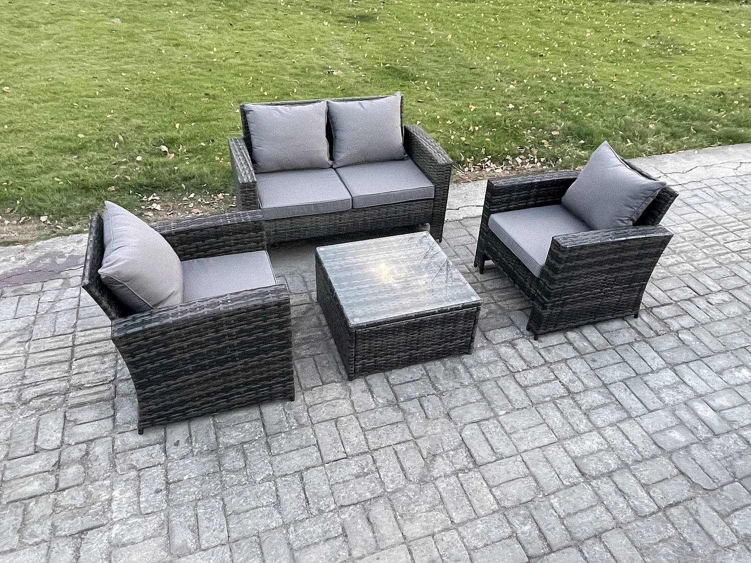 4 PCS Mobilier de jardin extérieur ave Chaise Table basse carrée Canapé deux places Gris foncé