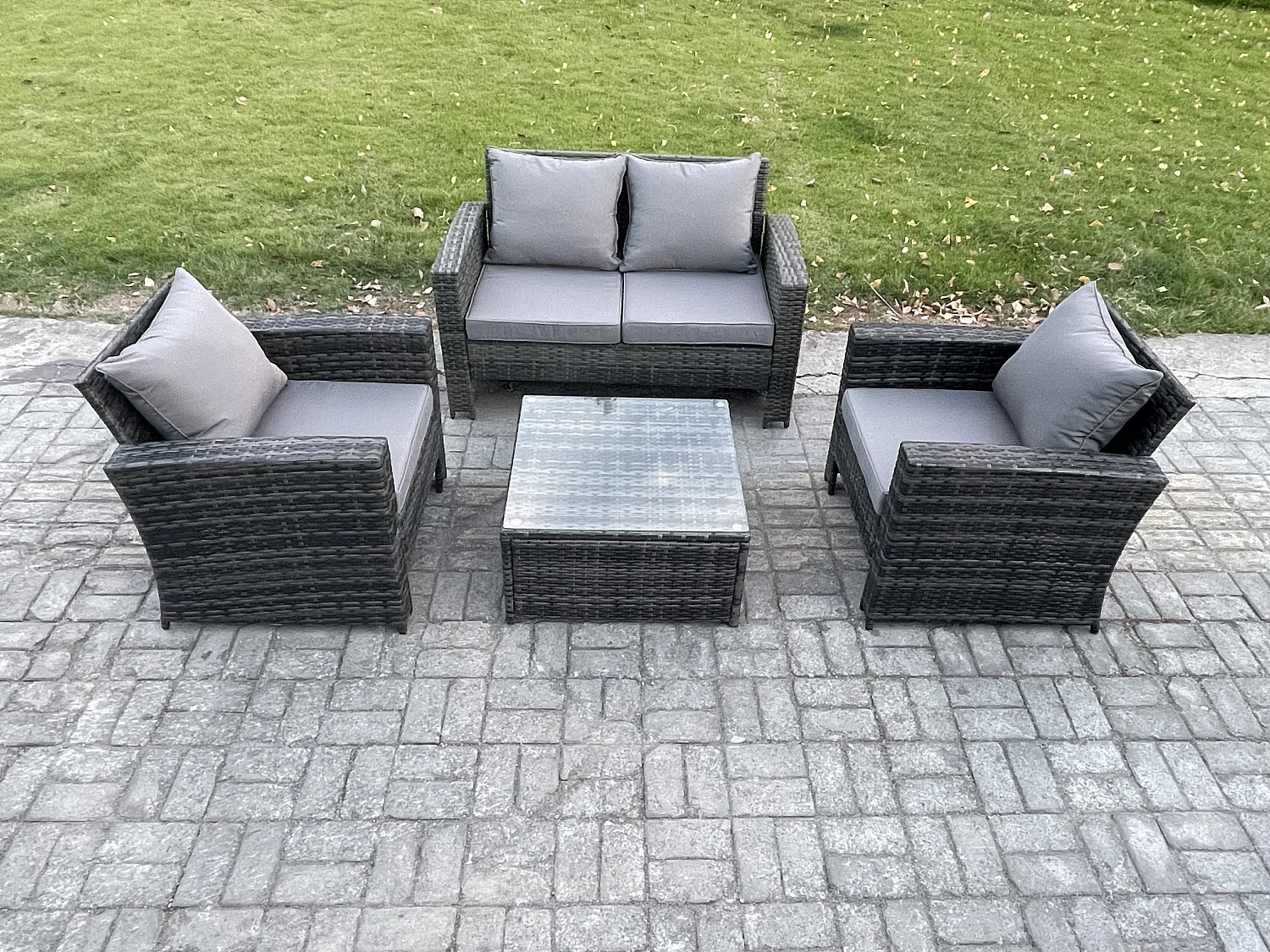 4 PCS Mobilier de jardin extérieur ave Chaise Table basse carrée Canapé deux places Gris foncé