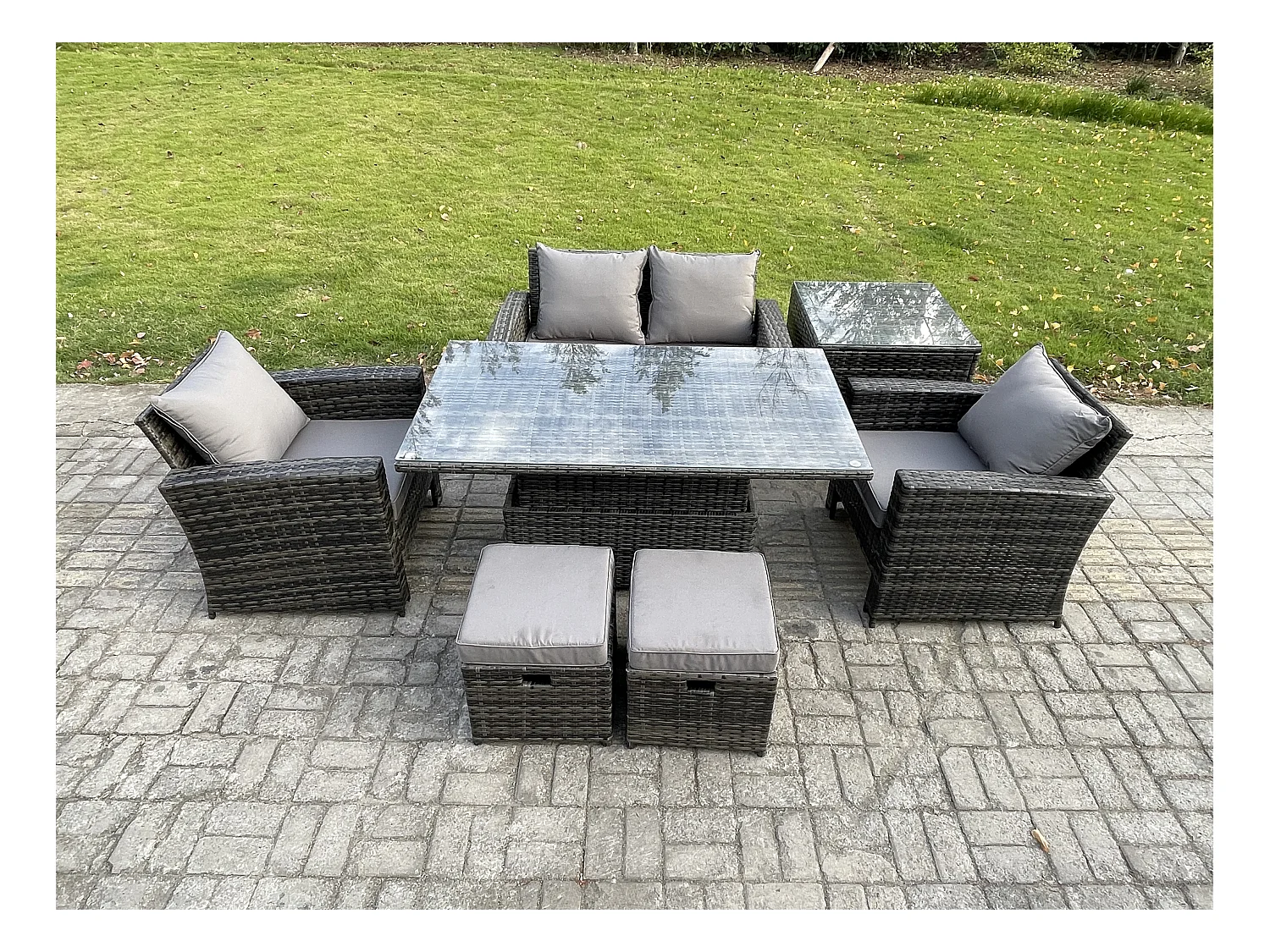 Gartenmöbel-Set im Freien 6-Sitzer Poly Rattan Sitzgruppe mit Einstellbare Höhe Esstisch Beistelltische 2 Kleiner Fußhocker Dunkelgrau Gemischt
