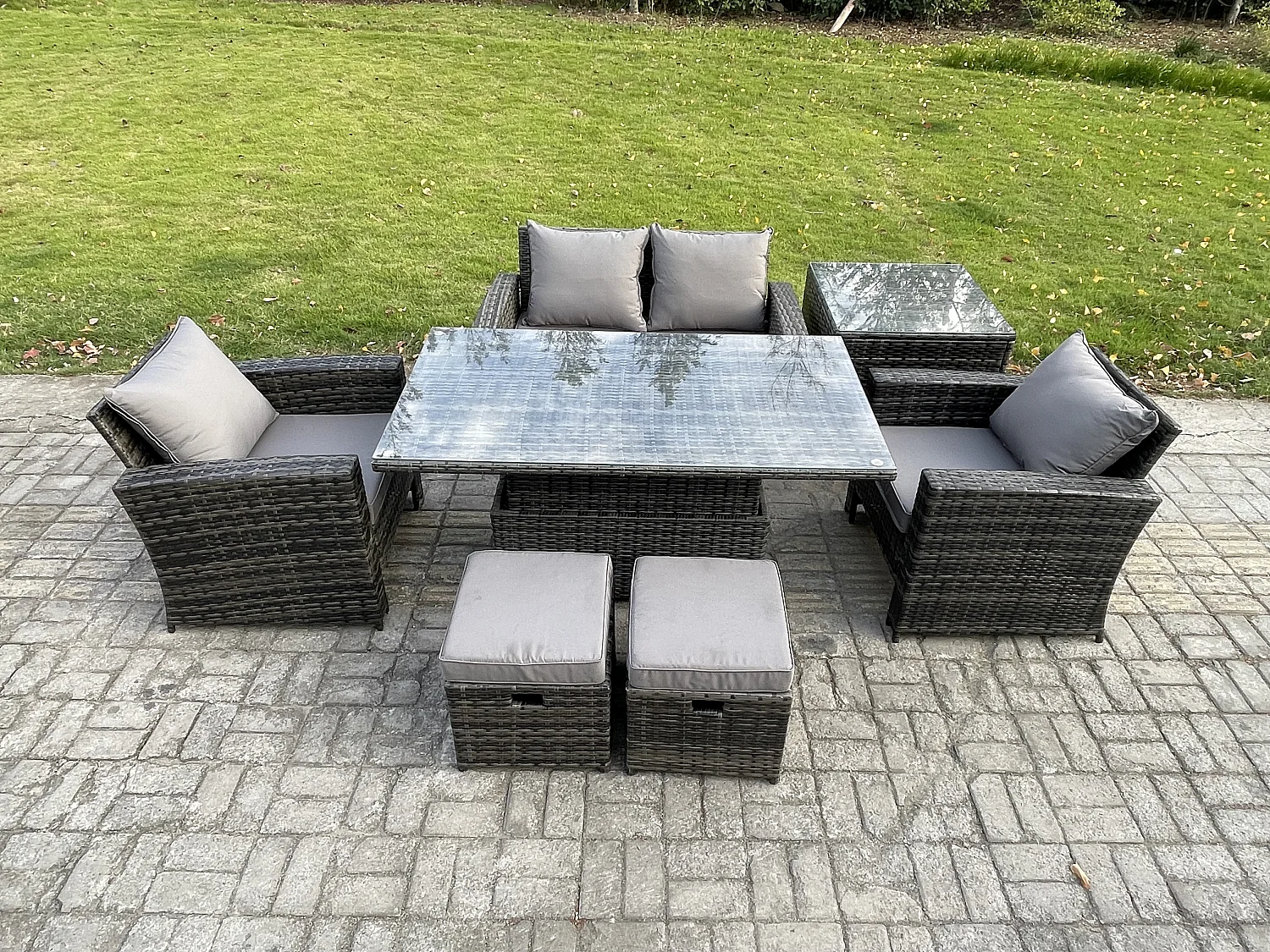 Gartenmöbel-Set im Freien 6-Sitzer Poly Rattan Sitzgruppe mit Einstellbare Höhe Esstisch Beistelltische 2 Kleiner Fußhocker Dunkelgrau Gemischt