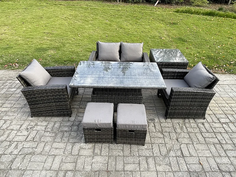 Meubles de Jardin en rotin 6 Places Table élévatrice Table d'appoint 2 Petit Tabouret Gris foncé