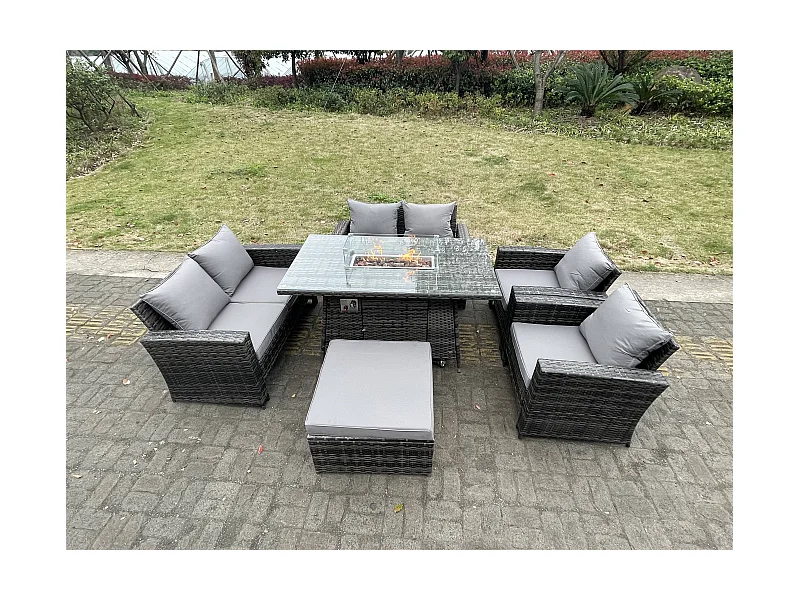 Ensemble de meubles de jardin en rotin ave Table de foyer à gaz Fauteuil Canapé d'amour 7 Places