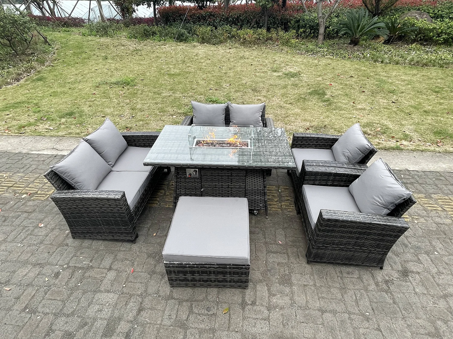 Polyrattan Gartenmöbel Set Gasfeuerstelle Rechteckiger Esstisch Gasheizgerät Sessel Love Sofa Sets mit Großer Fußhockers 7-Sitzer