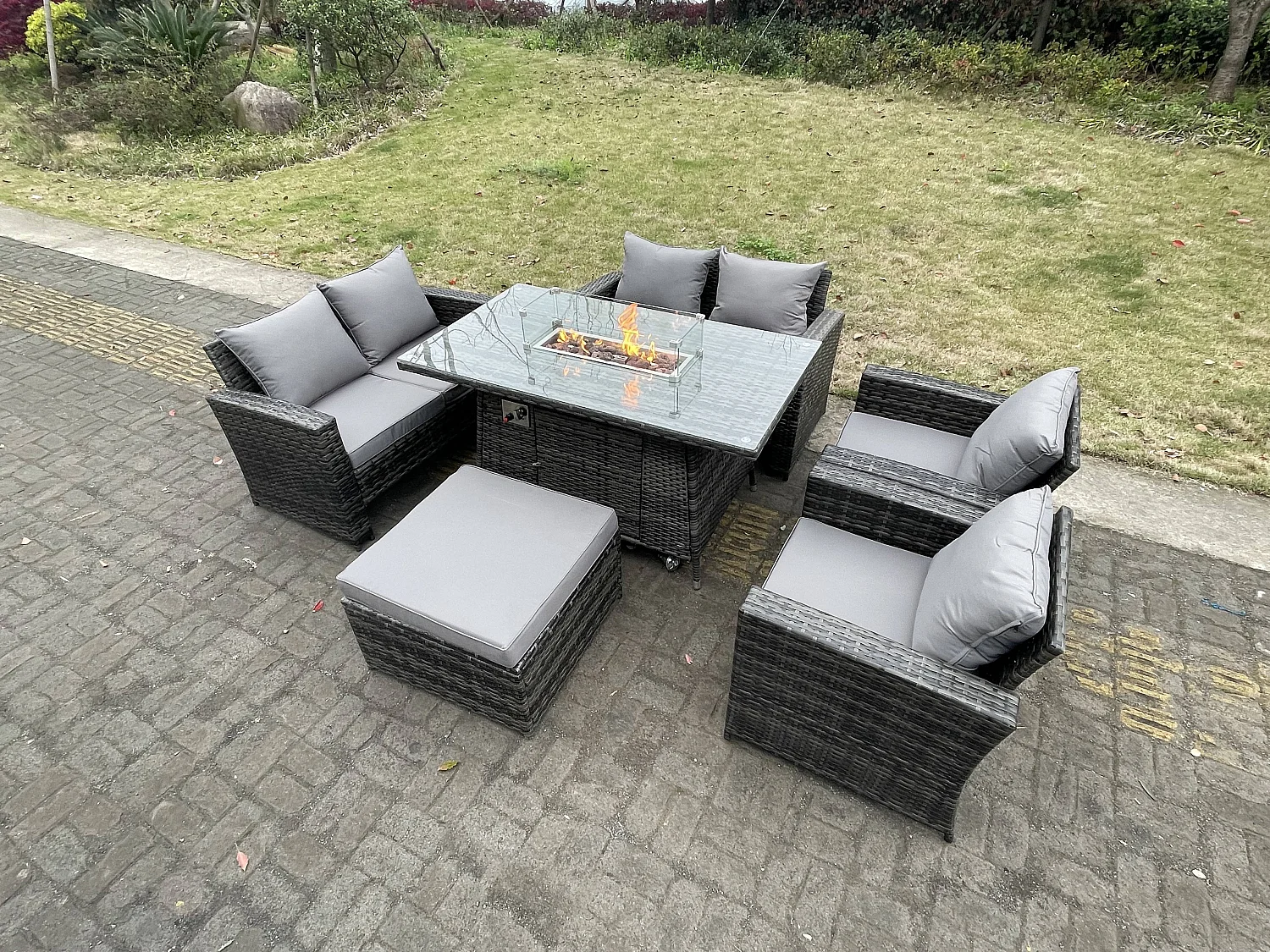 Ensemble de meubles de jardin en rotin ave Table de foyer à gaz Fauteuil Canapé d'amour 7 Places