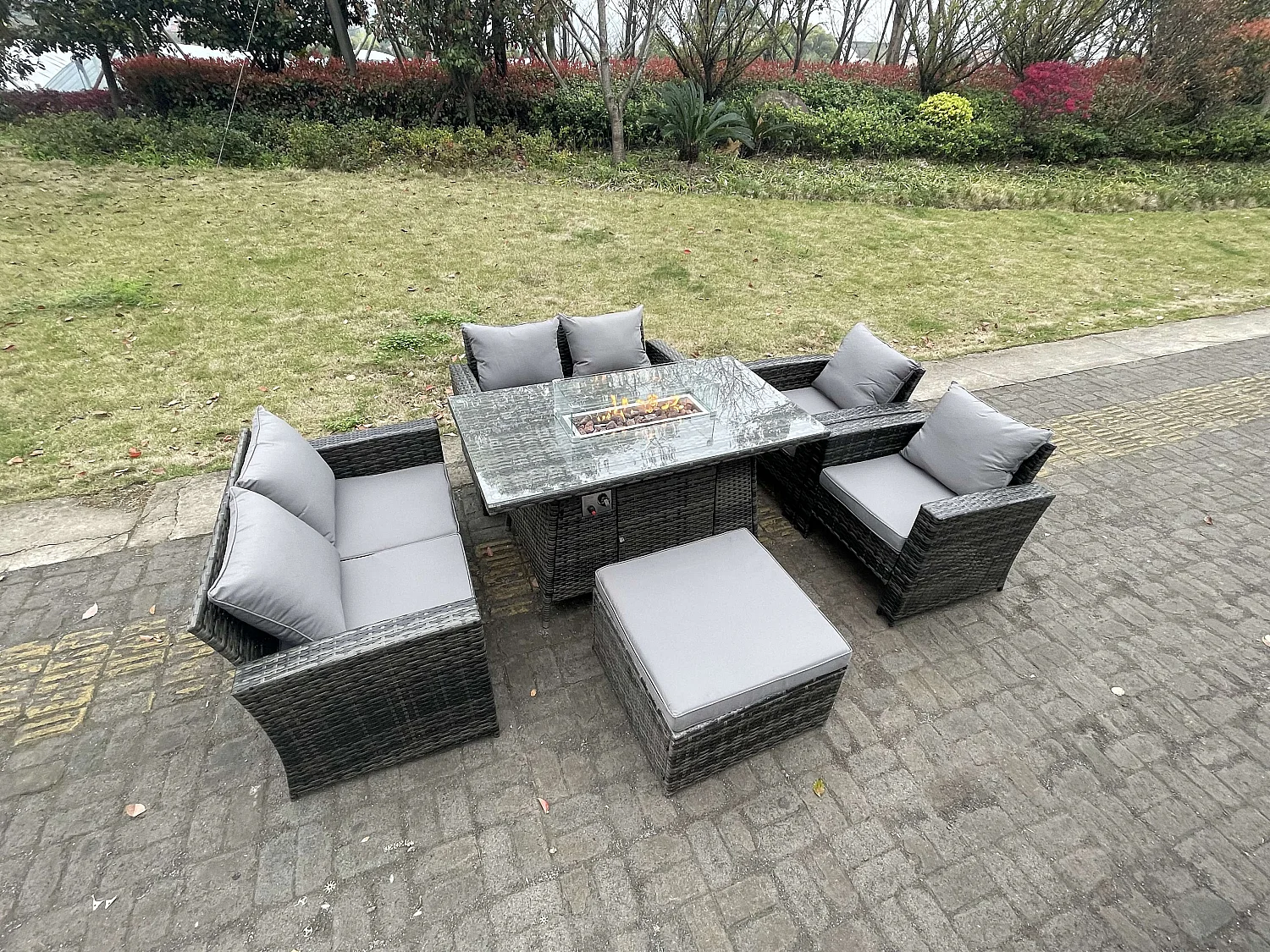 Ensemble de meubles de jardin en rotin ave Table de foyer à gaz Fauteuil Canapé d'amour 7 Places