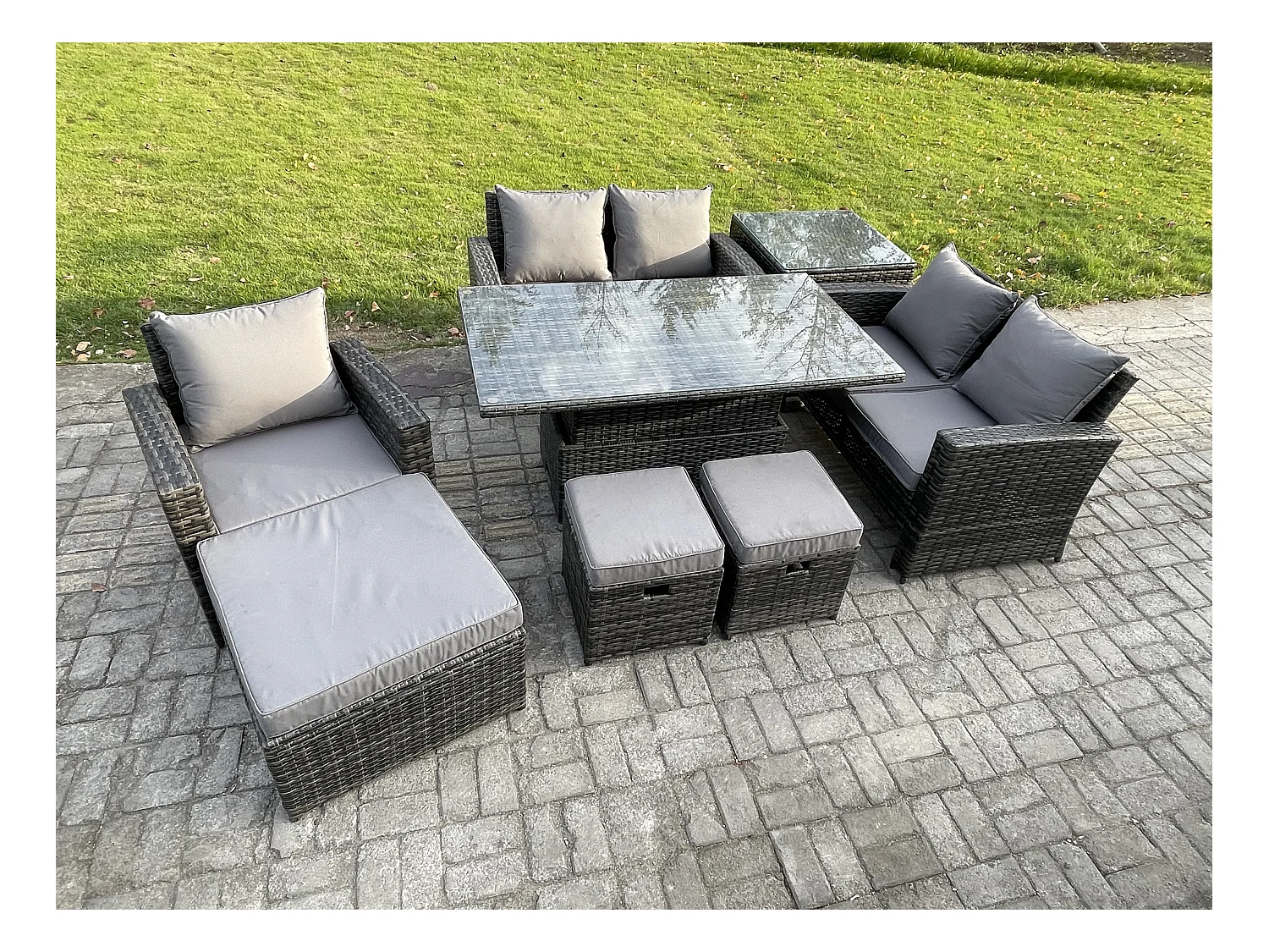 Rattan Gartenmöbel Set Garten Sofa Set mit Einstellbare Höhe Esstisch Beistelltische 3 Hocker Dunkelgrau Gemischt