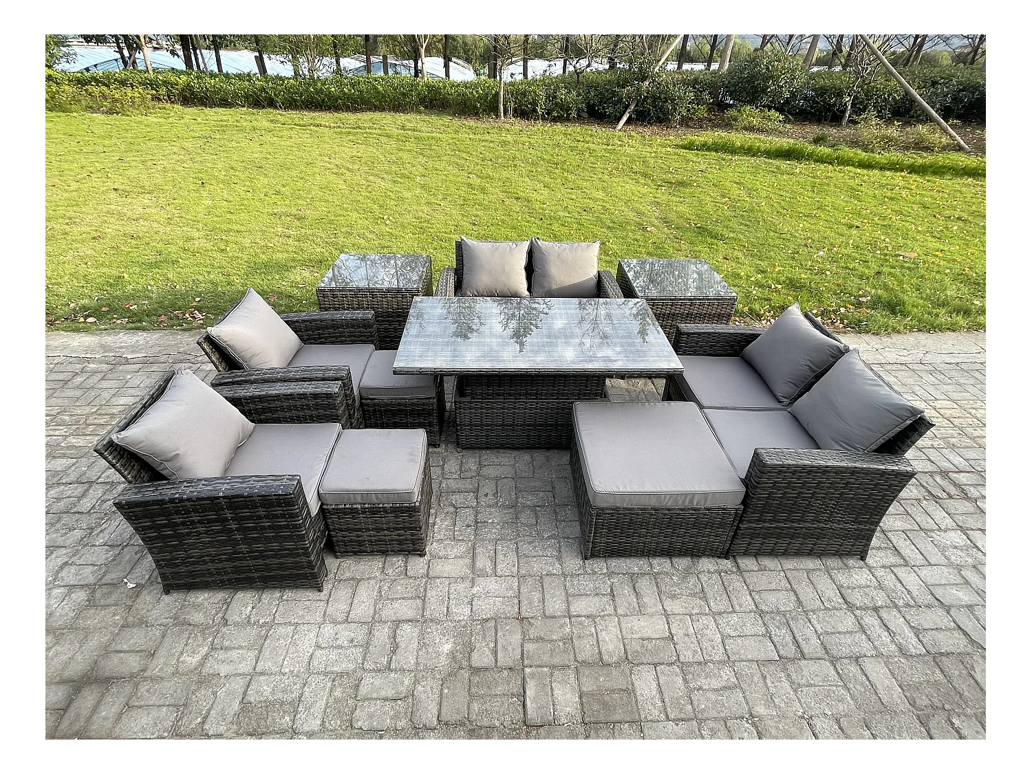 Meubles de Jardin en rotin 10 pièces Ensemble canapé et table à manger ave 3 Tabouret