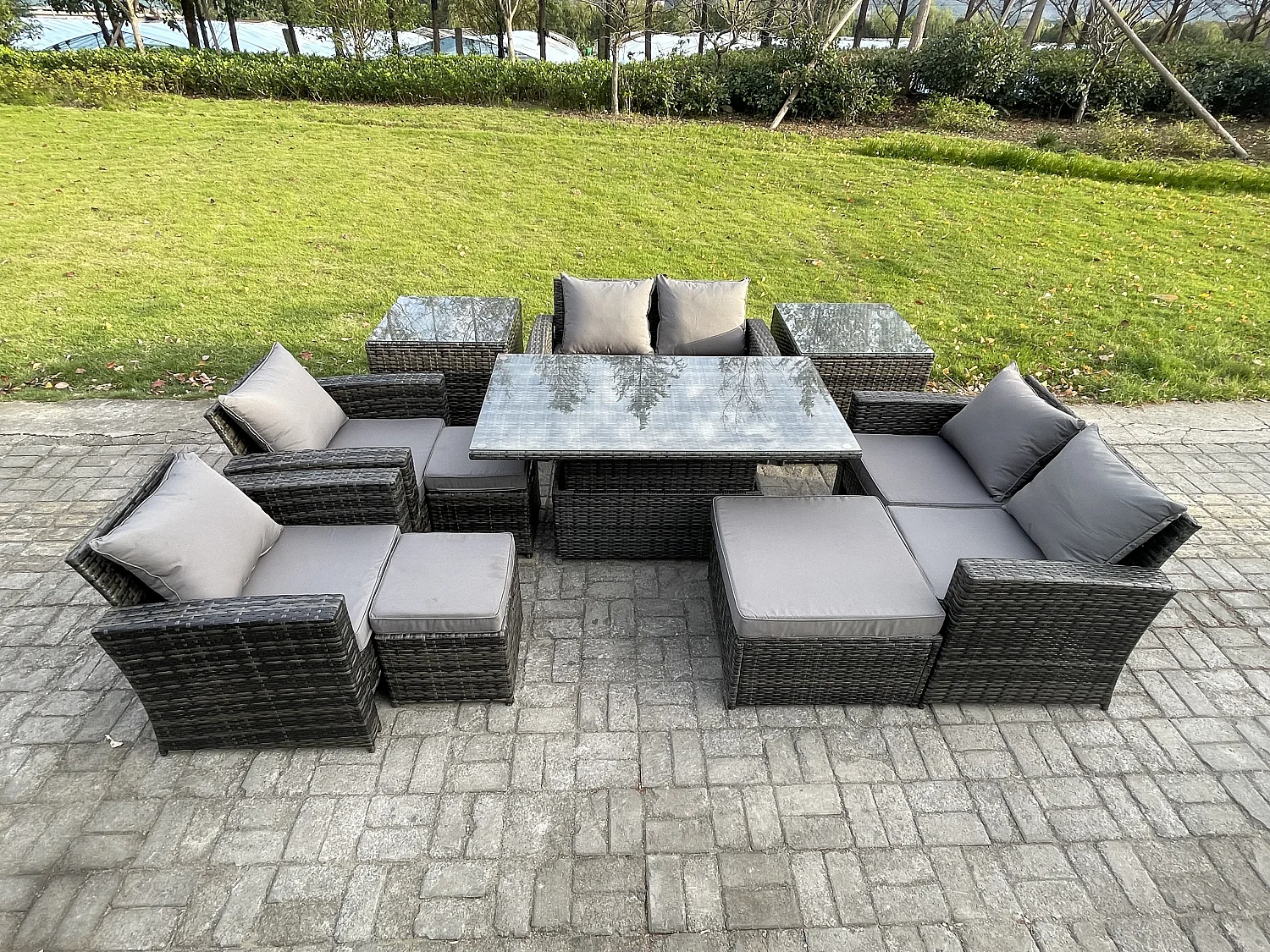 Gartenmöbel-Set im Freien 10 Stücke Polyrattan Möbel Sofa Esstisch Set mit 3 Hocker 2 Beistelltische Dunkelgrau Gemischt