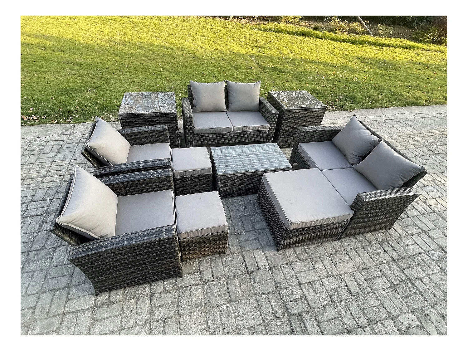 Gartenmöbel Set 10 Stücke Rattanmöbel für draußen Gartensofa Stuhl set mit Couchtisch 3 Hocker 2 Beistelltische Dunkelgrau Gemischt