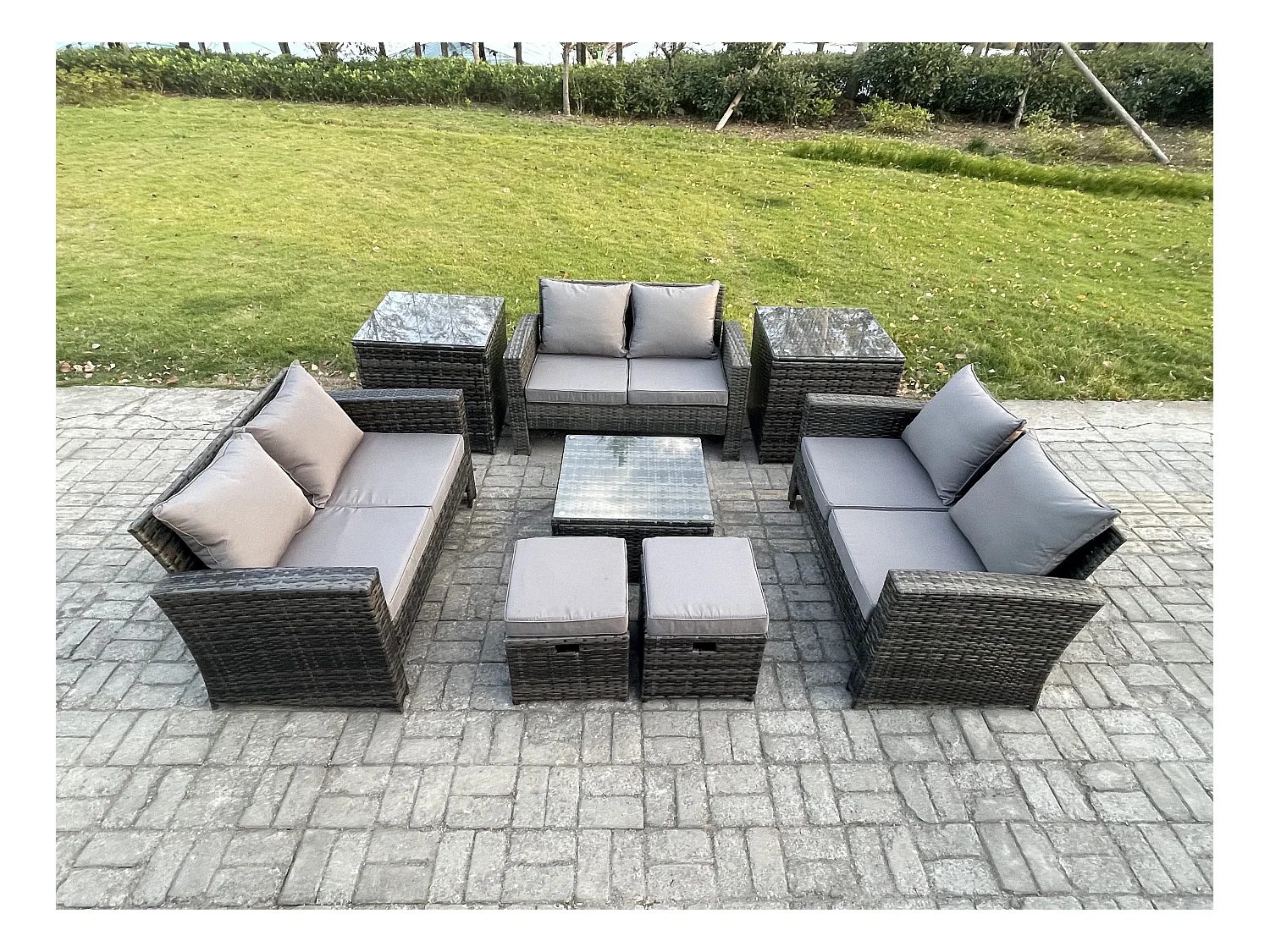 Mobilier de jardin extérieur ave Table basse carrée Canapé deux places 2 Petit Tabouret Gris foncé