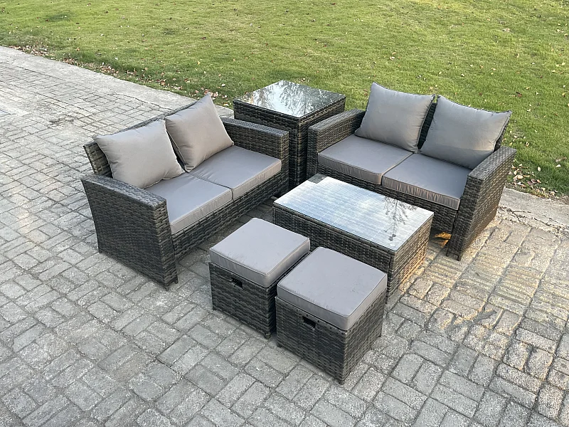 Rattan Gartenmöbel Sofa Set mit Rechteckig Couchtisch Doppelsitz-Sofa 2 Kleiner Fußhocker Beistelltische 6-Sitzer Gartenlounge Set Dunkelgrau Gemischt