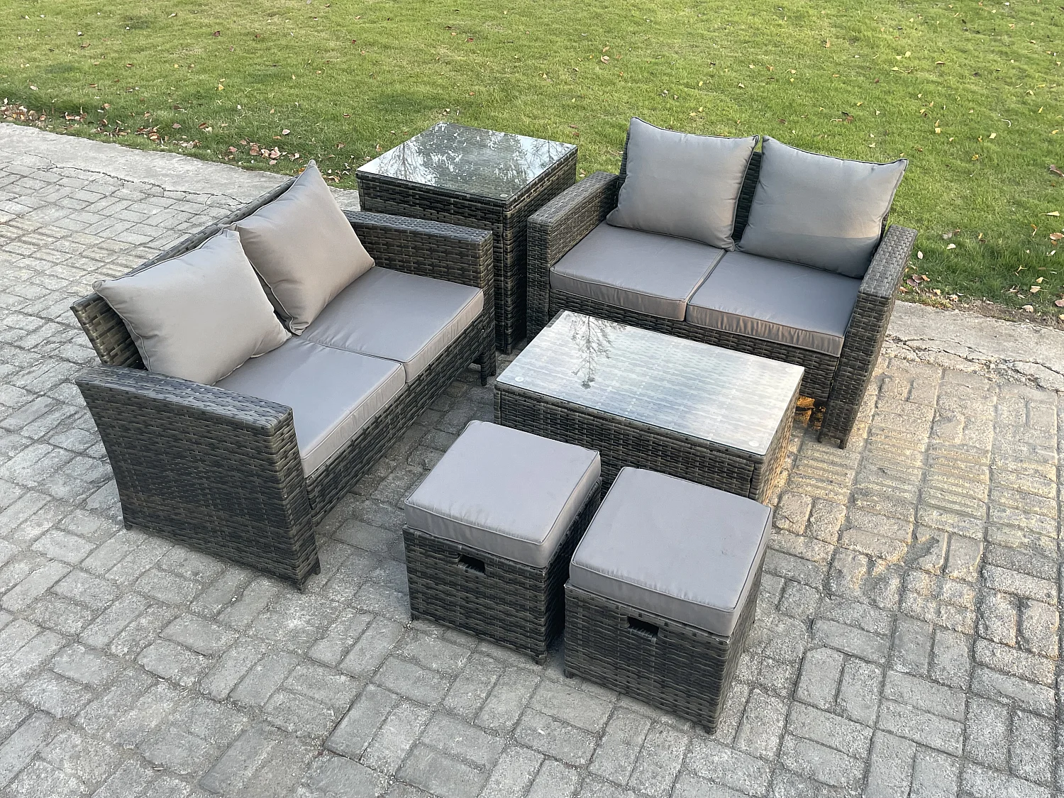 Rattan Gartenmöbel Sofa Set mit Rechteckig Couchtisch Doppelsitz-Sofa 2 Kleiner Fußhocker Beistelltische 6-Sitzer Gartenlounge Set Dunkelgrau Gemischt