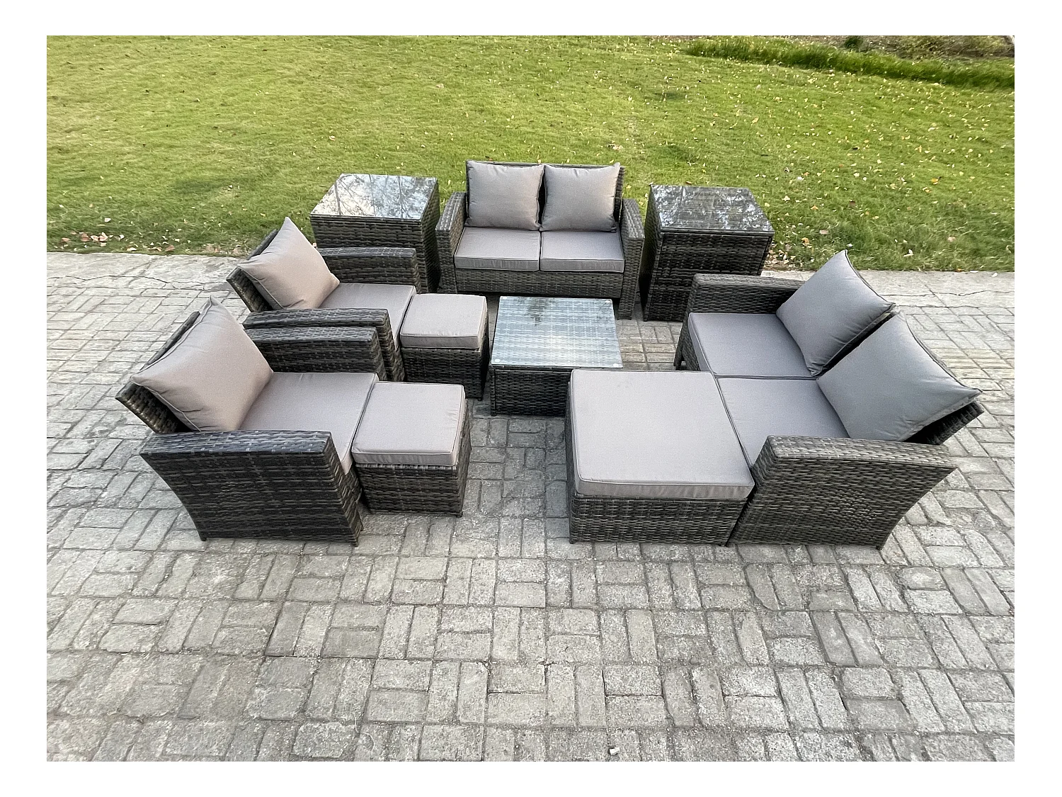 Gartenmöbel-Set im Freien 10 Stücke Polyrattan Möbel Sitzgruppe mit 3 Hocker 2 Beistelltische Dunkelgrau Gemischt