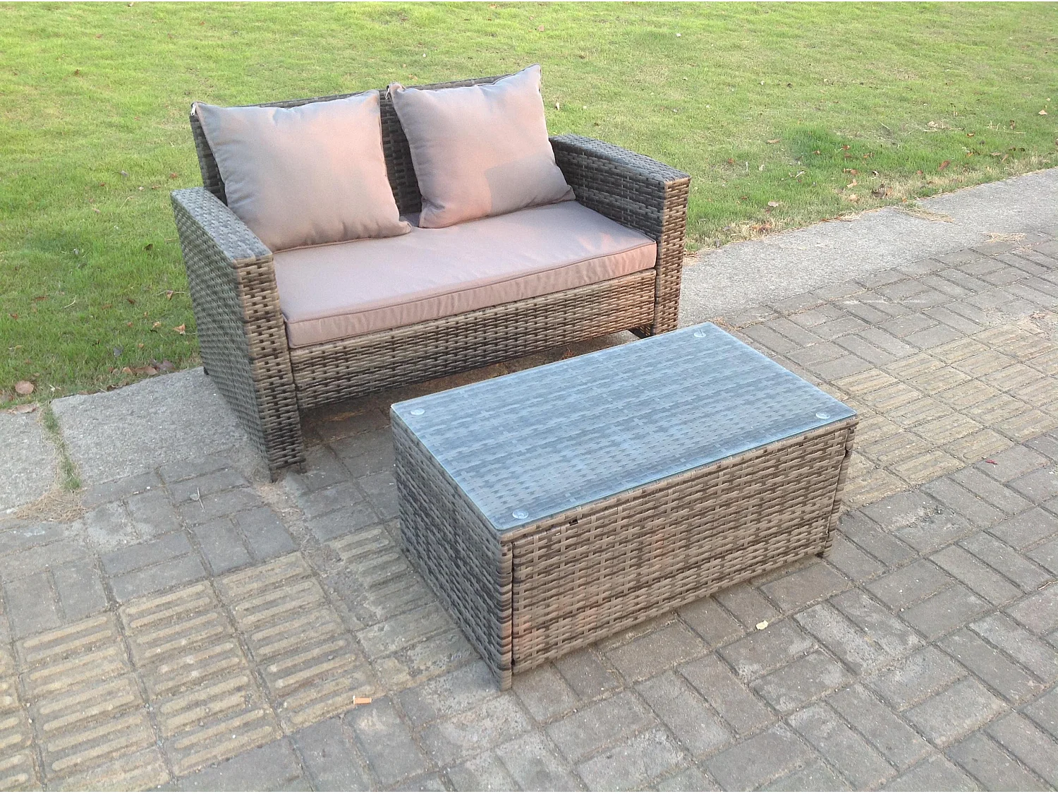 Dark Mixed Grey High Back Rattan Garden Furniture 2 Seater Love Seat Sofa With Oblong Coffee Table