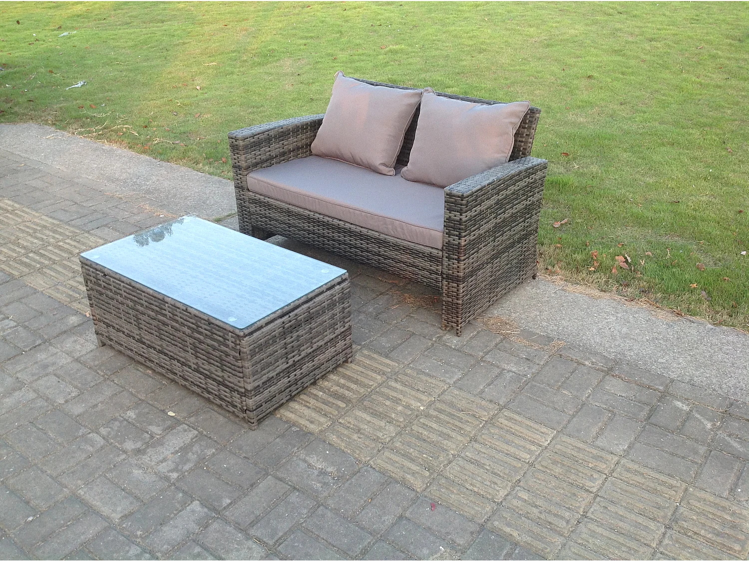Dark Mixed Grey High Back Rattan Garden Furniture 2 Seater Love Seat Sofa With Oblong Coffee Table